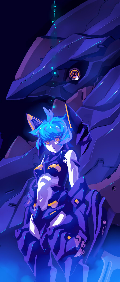 won (toufunokado), original, highres, blue hair, mecha, navel, robot, short hair, solo, yellow eyes