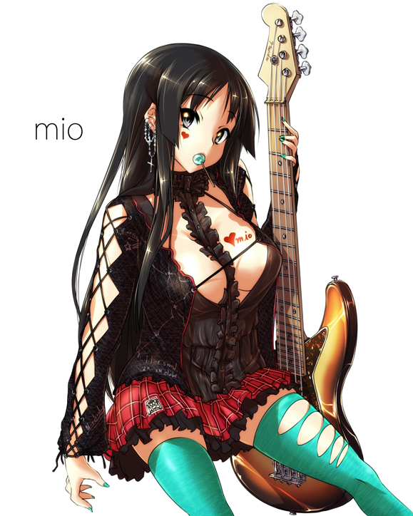 nekomamire, akiyama mio, k-on!, 00s, 1girl, bass guitar, between breasts, black hair, breasts, candy, cleavage, earrings, female focus, food, green nails, guitar, instrument, jewelry, large breasts, lollipop, long hair, nail polish, skirt, solo, thighhighs, torn clothes, torn thighhighs
