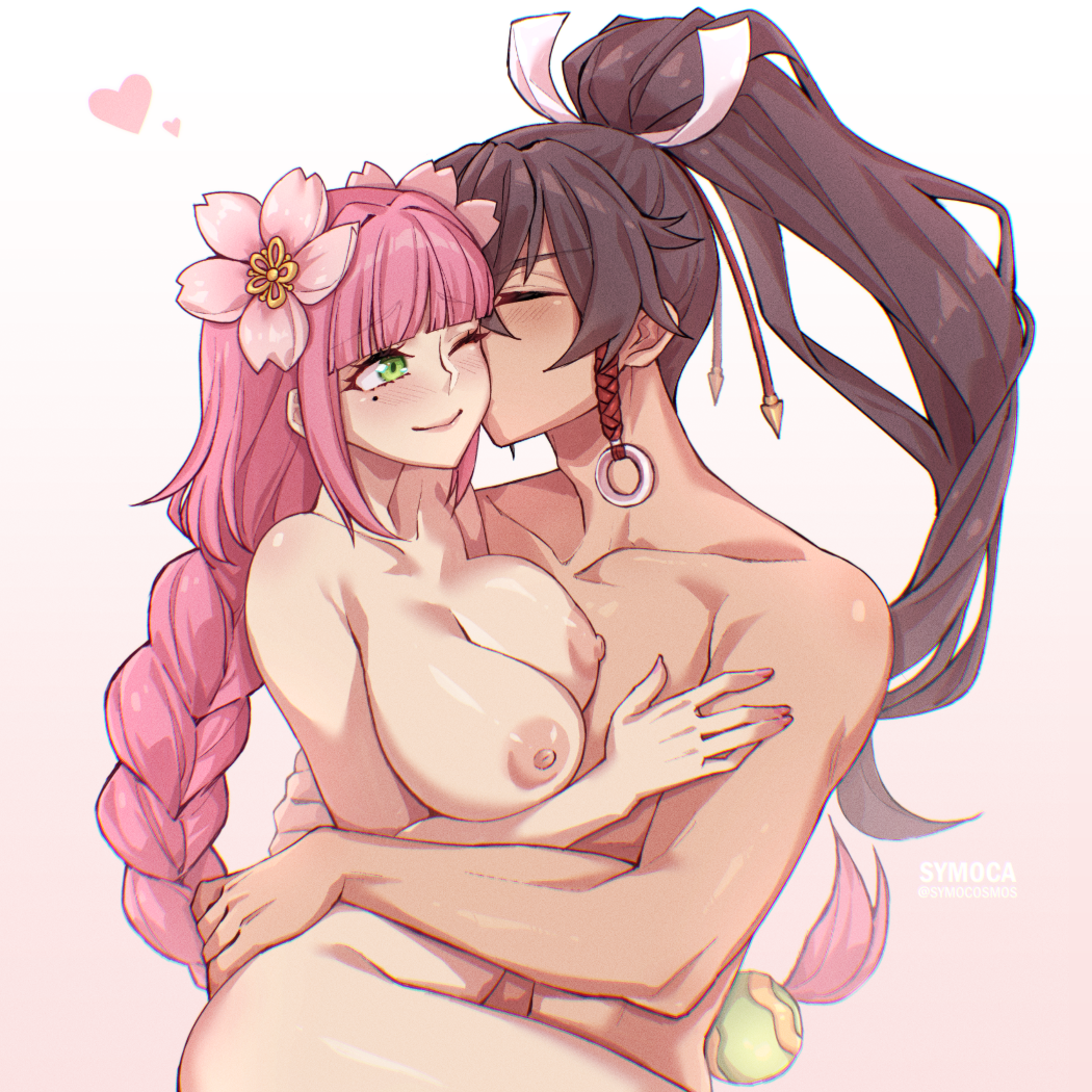 symoca, subaru (rune factory), ulalaka, rune factory, rune factory: guardians of azuma, commission, commissioner upload, 1boy, 1girl, braid, breasts, brown hair, closed eyes, completely nude, flower, green eyes, hair flower, hair ornament, hetero, kiss, kissing cheek, large breasts, long hair, nipples, nude, one eye closed, pink hair, ponytail, smile