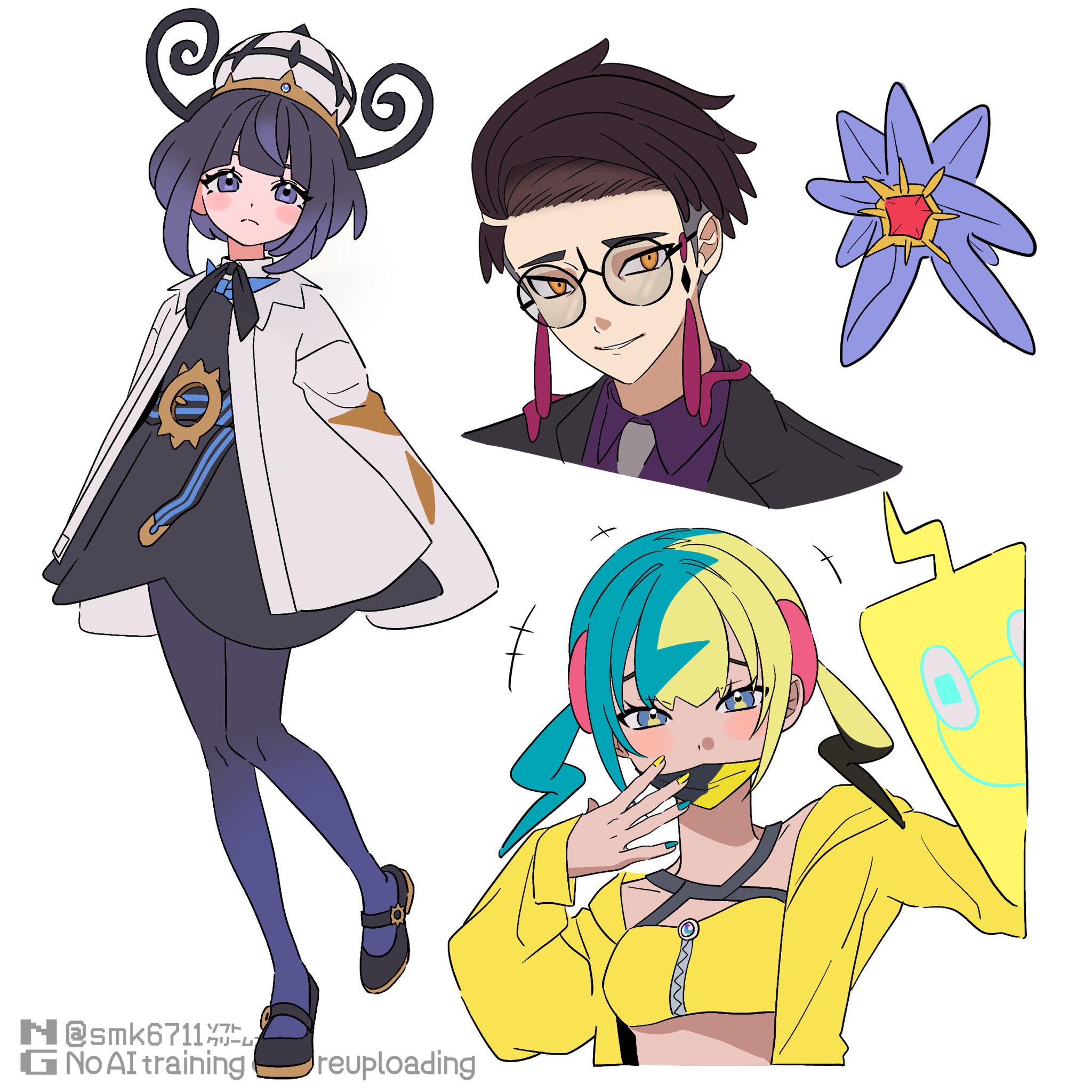smk6711, canari (pokemon), corbeau (pokemon), gwynn (pokemon), mega starmie, rotom, rotom phone, starmie, nintendo, pokemon, pokemon legends: z-a, highres, 1boy, 2girls, aqua hair, bandeau, belt, belt buckle, black dress, black hair, black shoes, blonde hair, blue nails, blush stickers, buckle, coat, crop top, dress, gen 1 pokemon, gen 4 pokemon, glasses, hat, jacket, long sleeves, looking at viewer, mask, mouth mask, multicolored hair, multicolored nails, multiple girls, o-ring, o-ring belt, open clothes, open coat, open jacket, pantyhose, pokemon (creature), purple eyes, purple hair, round eyewear, shoes, short hair, sleeves past fingers, sleeves past wrists, two-tone nails, white background, white coat, wide sleeves, yellow eyes, yellow jacket, yellow nails