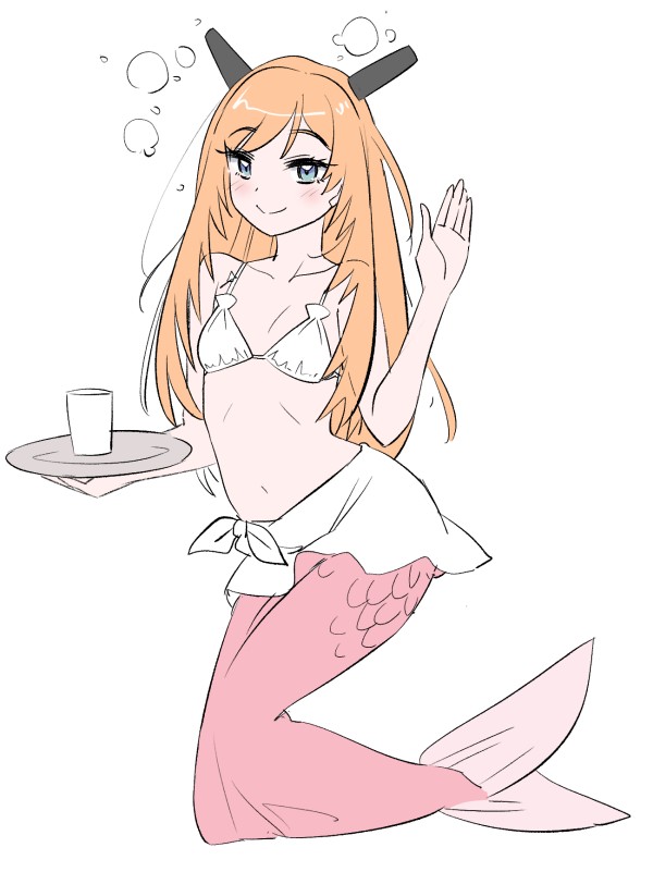 tamu (mad works), salmon (kancolle), kantai collection, commentary request, 1girl, alternate costume, apron, bikini, blue eyes, breasts, fins, fish tail, headgear, mermaid, monster girl, orange hair, shell, shell bikini, small breasts, smile, solo, swimsuit, tail, tray, waist apron