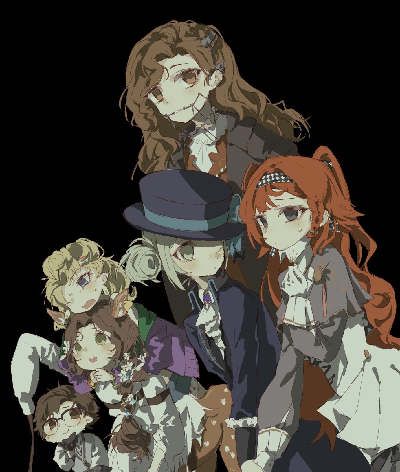 blonney, horropedia, jessica (reverse:1999), sonetto (reverse:1999), tooth fairy (reverse:1999), vertin (reverse:1999), reverse:1999, highres, 1boy, 5girls, animal ears, ascot, blonde hair, braces, brown hair, centaur, centauroid, checkered hairband, coat, deer ears, deer girl, glasses, grey eyes, grey hair, hair bun, hairband, hat, hutsutoka, multiple girls, orange hair, single side bun, taur, top hat, white ascot