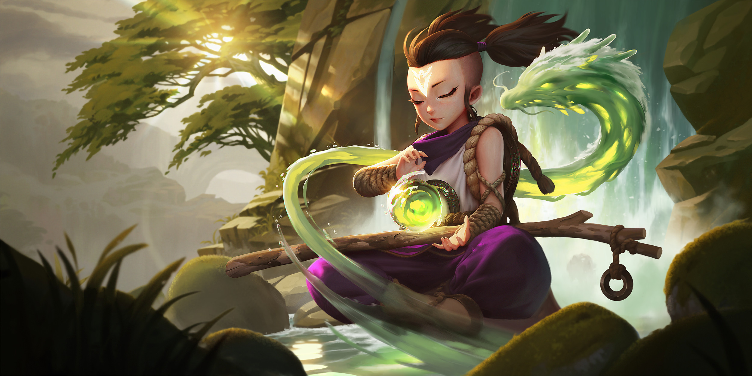 dao trong le, league of legends, legends of runeterra, character request, commentary, english commentary, highres, official art, 1girl, boots, brown boots, brown hair, closed eyes, closed mouth, crossed legs, dragon, energy ball, eyelashes, facial mark, forehead mark, glowing, grass, lips, moss, outdoors, pants, purple pants, rock, rope, shirt, sidelocks, sitting, sleeveless, sleeveless shirt, sunlight, tree, twintails, undercut, water, waterfall, white shirt