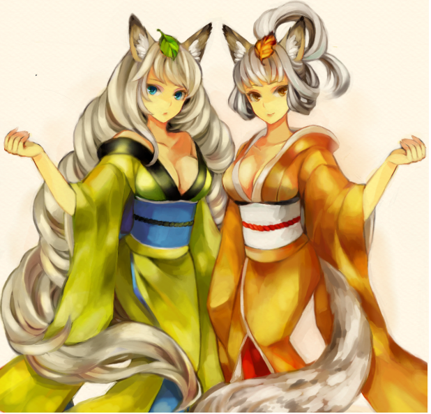 vanille, inari, kongiku, yuzuruha, oboro muramasa, vanillaware, 2girls, animal ears, bare shoulders, blue eyes, breasts, brown eyes, brown hair, cleavage, cloud, collarbone, curly hair, eyeshadow, fox, fox ears, fox tail, hair up, japanese clothes, kimono, kitsune, leaf, leaf on head, long hair, makeup, multiple girls, object on head, off shoulder, orange eyes, short hair, simple background, tail, traditional youkai, very long hair, white hair, yellow eyes