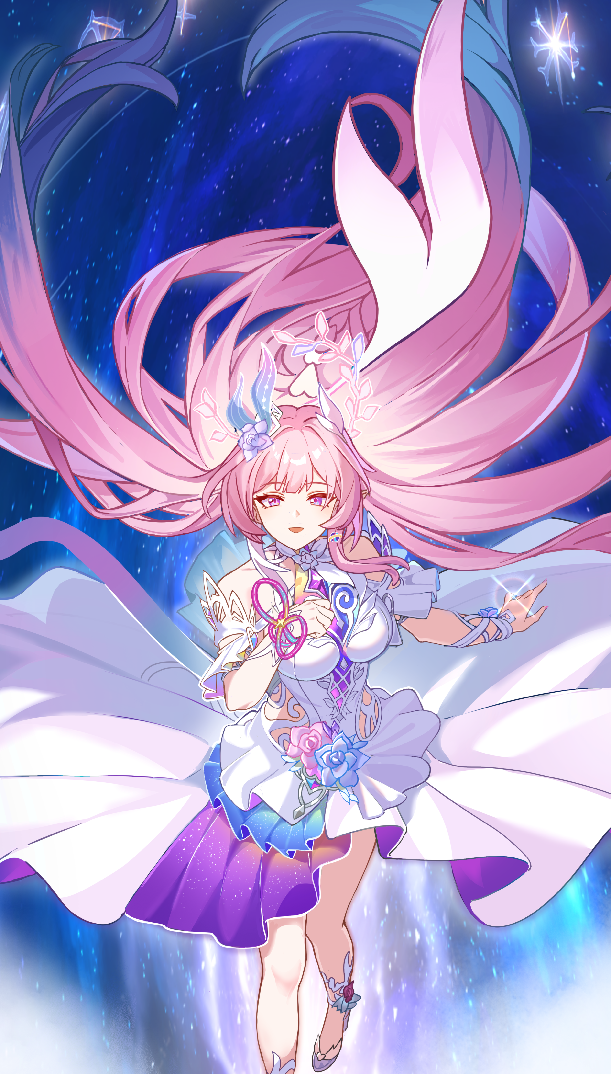dunggeul dunggeul, cyrene (honkai: star rail), cyrene (ripples of past reverie) (honkai: star rail), honkai: star rail, honkai (series), absurdres, commentary request, cropped, highres, 1girl, bare shoulders, blue hair, breasts, dress, flower, gradient hair, hair flower, hair ornament, halo, high heels, large breasts, long hair, multicolored hair, parted lips, pink hair, purple eyes, sky, solo, star (sky), starry sky, very long hair, white dress, white hair