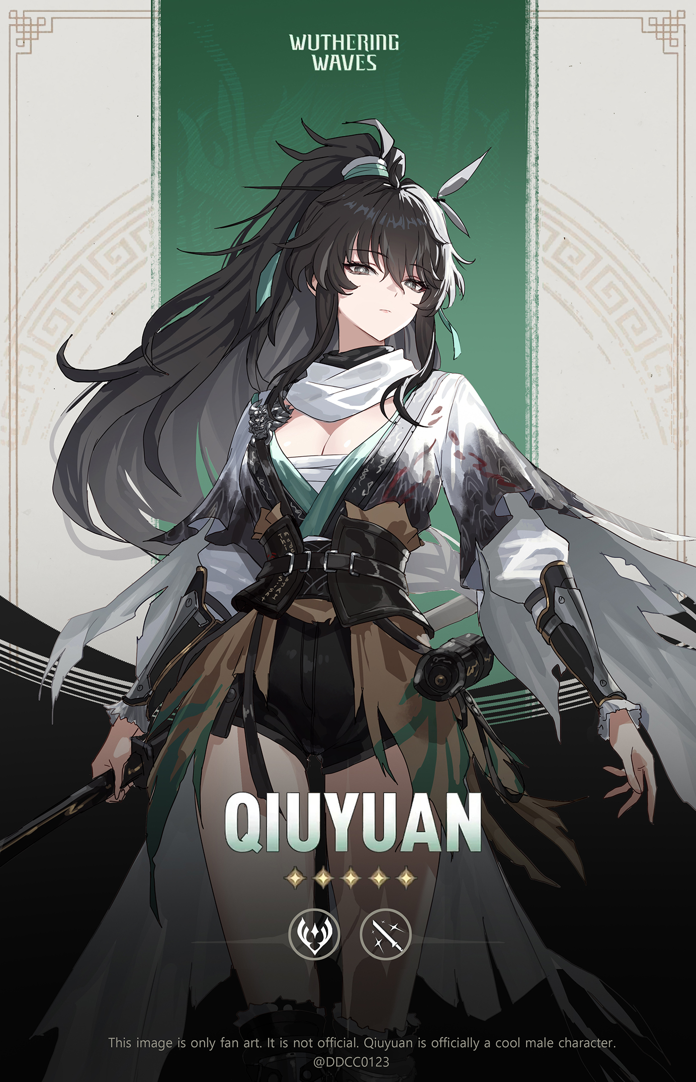 ddcc0123, qiuyuan (wuthering waves), wuthering waves, commentary, english commentary, highres, 1girl, adapted costume, arm armor, black hair, black shorts, breasts, bright pupils, chest sarashi, cleavage, closed mouth, genderswap, genderswap (mtf), grey eyes, hair between eyes, holding, holding sword, holding weapon, long hair, looking at viewer, medium breasts, official style, ponytail, sarashi, shorts, sidelocks, simple background, solo, sword, weapon, white background, white pupils