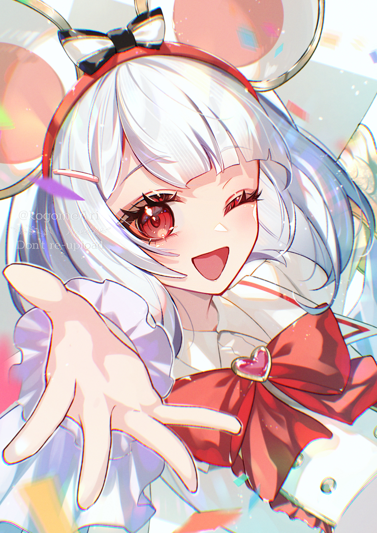 kogome (azalea4), vikala (granblue fantasy), granblue fantasy, commentary request, 1girl, ;d, animal ears, fake animal ears, heart, long sleeves, looking at viewer, mouse ears, one eye closed, open mouth, reaching, reaching towards viewer, red eyes, smile, solo, twitter username, upper body, white hair
