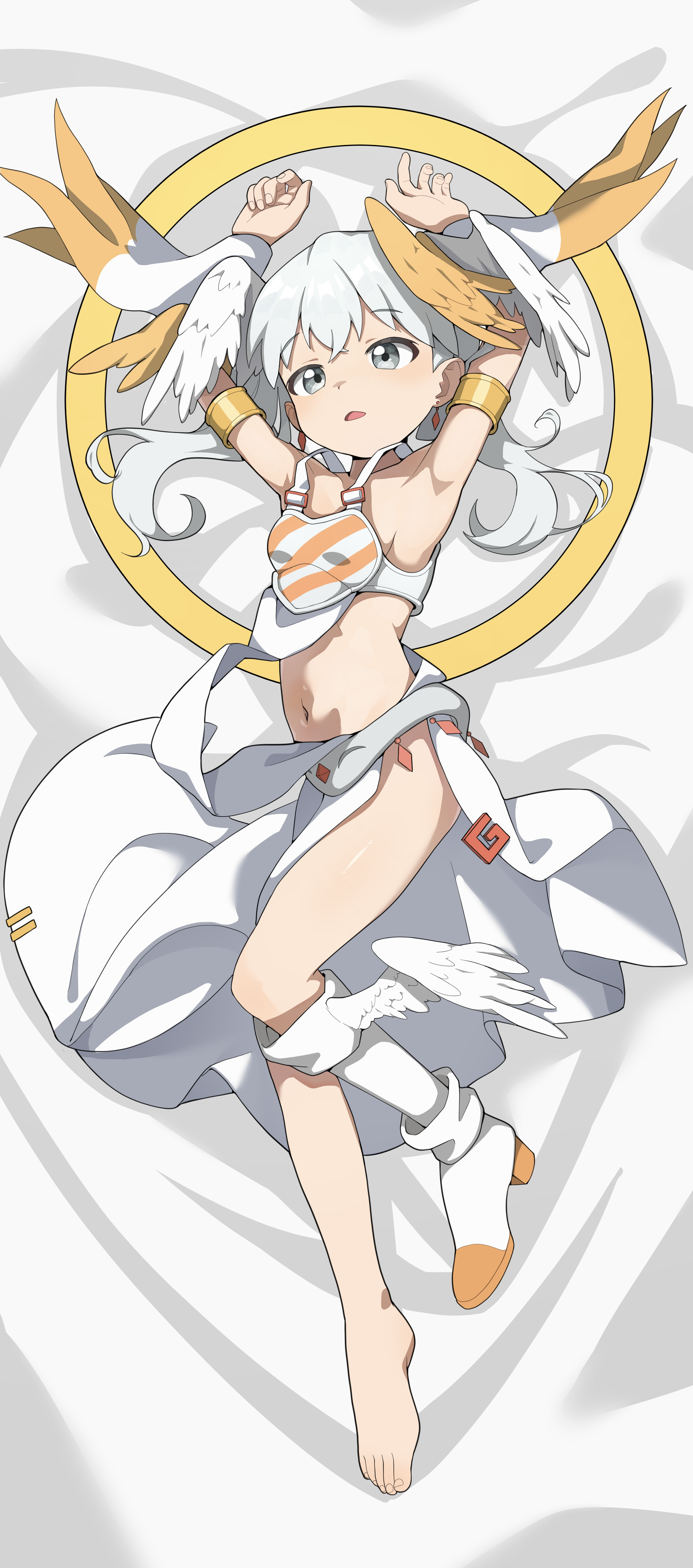 onion (tamanegi), tama (wixoss), wixoss, absurdres, highres, 1girl, armpits, arms up, barefoot, breasts, high heels, looking at viewer, navel, open mouth, shoes, single shoe, skirt, small breasts, solo, strapless, tube top, white eyes, white hair, white shoes, white skirt, white tube top