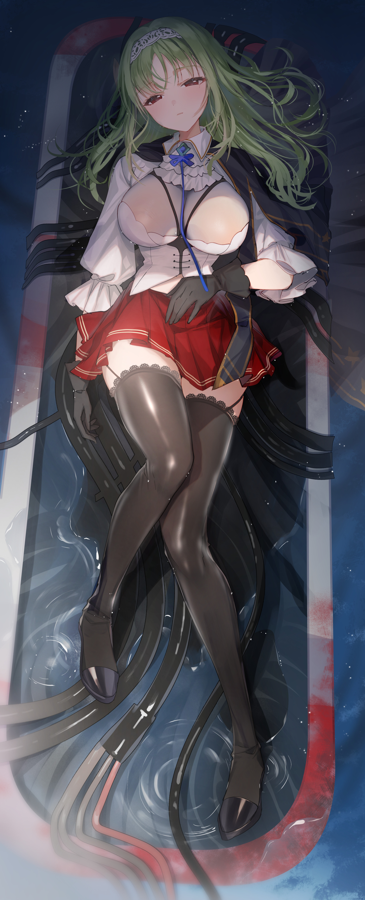 bison cangshu, warship girls r, absurdres, character request, commentary request, highres, 1girl, black capelet, black gloves, black shoes, black thighhighs, breasts, capelet, cleavage, full body, gloves, green hair, hairband, half-closed eyes, head tilt, large breasts, long hair, looking at viewer, lying, on back, pleated skirt, puffy short sleeves, puffy sleeves, red eyes, red skirt, ripples, shirt, shoes, short sleeves, skirt, solo, thighhighs, water, white hairband, white shirt