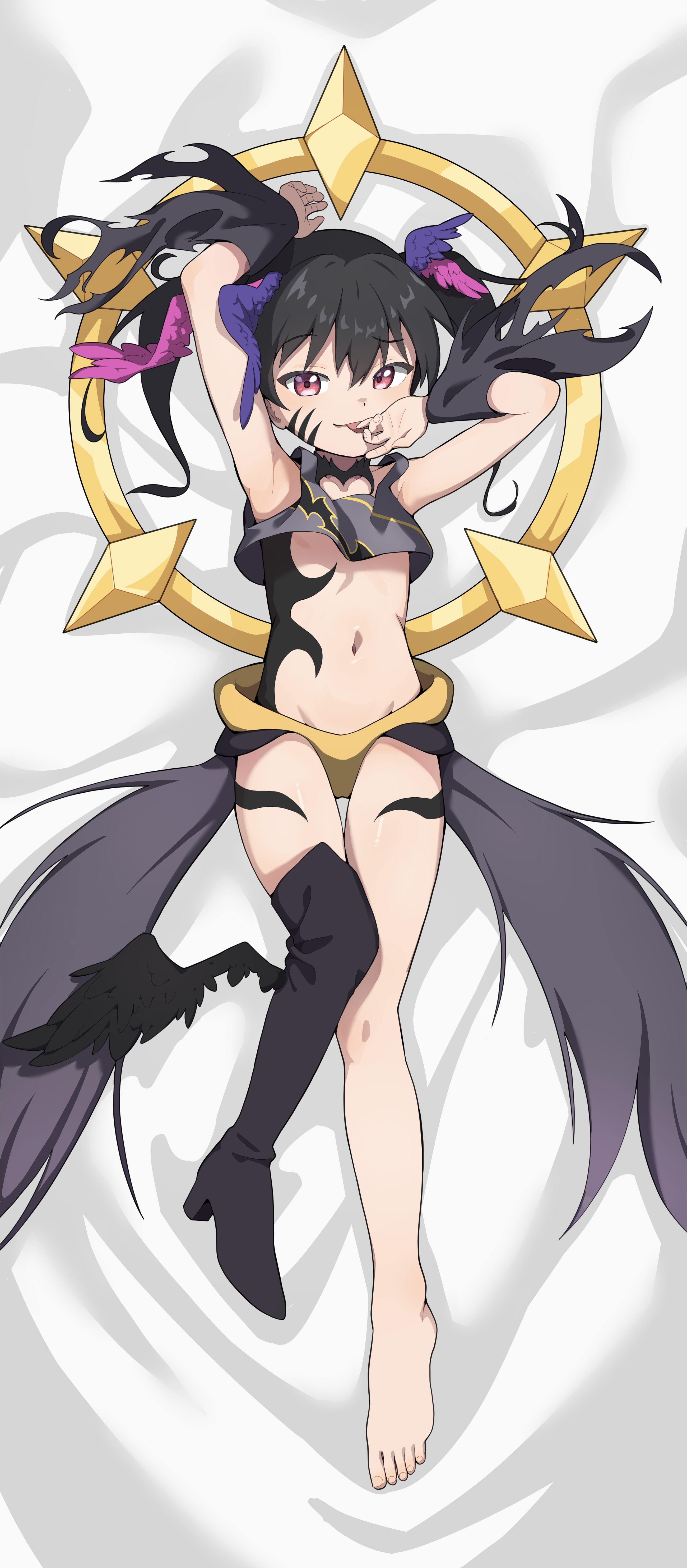 onion (tamanegi), tama (wixoss), wixoss, absurdres, highres, 1girl, black boots, black hair, black skirt, black tube top, boots, closed mouth, feathered wings, looking at viewer, low wings, navel, official alternate color, official alternate eye color, official alternate hair color, red eyes, single thigh boot, skirt, solo, strapless, thigh boots, tongue, tongue out, tube top, two side up, wings