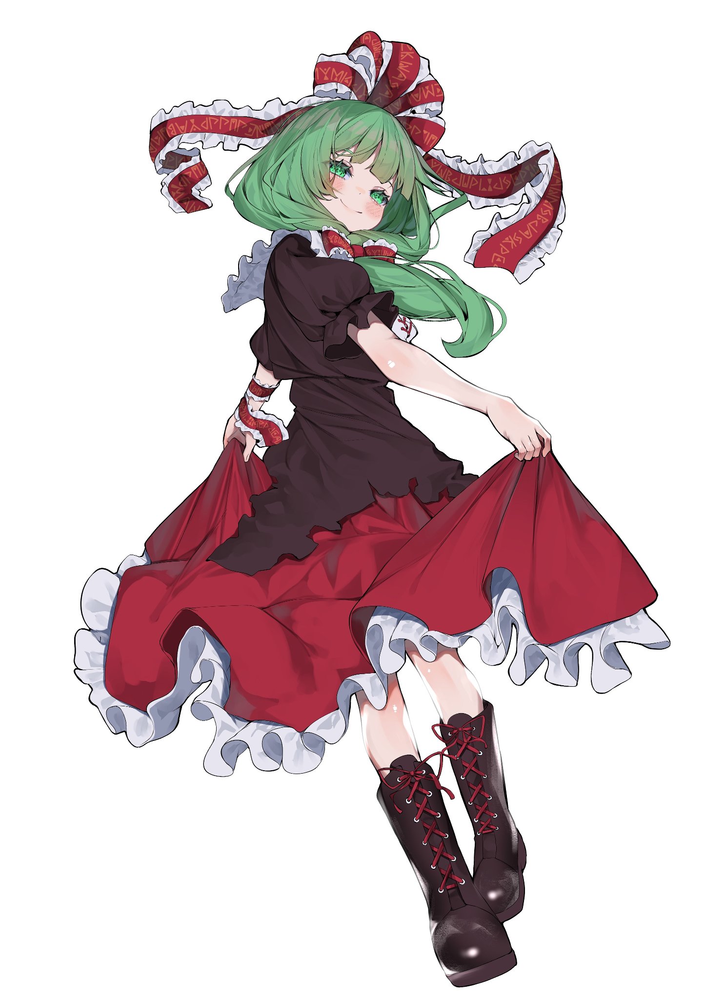 kararage tsune, kagiyama hina, touhou, highres, 1girl, arm ribbon, blush, bow, dress, frilled bow, frilled ribbon, frills, front ponytail, green eyes, green hair, hair bow, hair ornament, hair ribbon, hat, long hair, looking at viewer, puffy sleeves, red bow, red dress, red ribbon, ribbon, short sleeves, simple background, smile, solo, white background, wrist ribbon