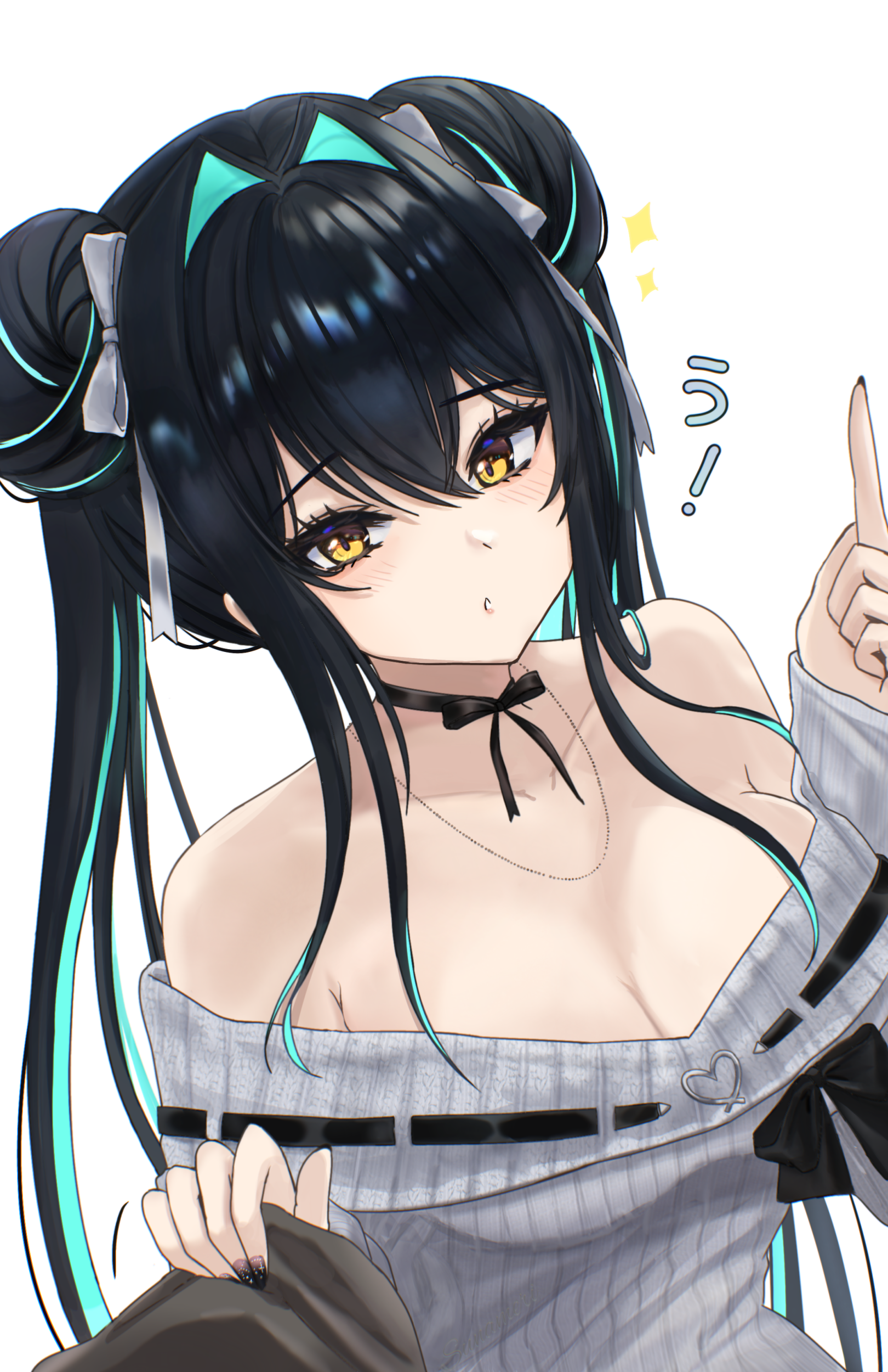 sunameri (pixiv3564245), little mermaid (nikke), goddess of victory: nikke, absurdres, commentary request, highres, translation request, 1girl, bare shoulders, black bow, black choker, black hair, blue hair, blush, bow, breasts, brown eyes, choker, cleavage, collarbone, double bun, grey bow, grey sweater, hair between eyes, hair bow, hair bun, hair intakes, hands up, heart, index finger raised, long hair, long sleeves, medium breasts, multicolored hair, off-shoulder sweater, off shoulder, parted lips, ribbed sweater, simple background, sleeves past wrists, solo, sparkle, sweater, twintails, two-tone hair, upper body, very long hair, white background
