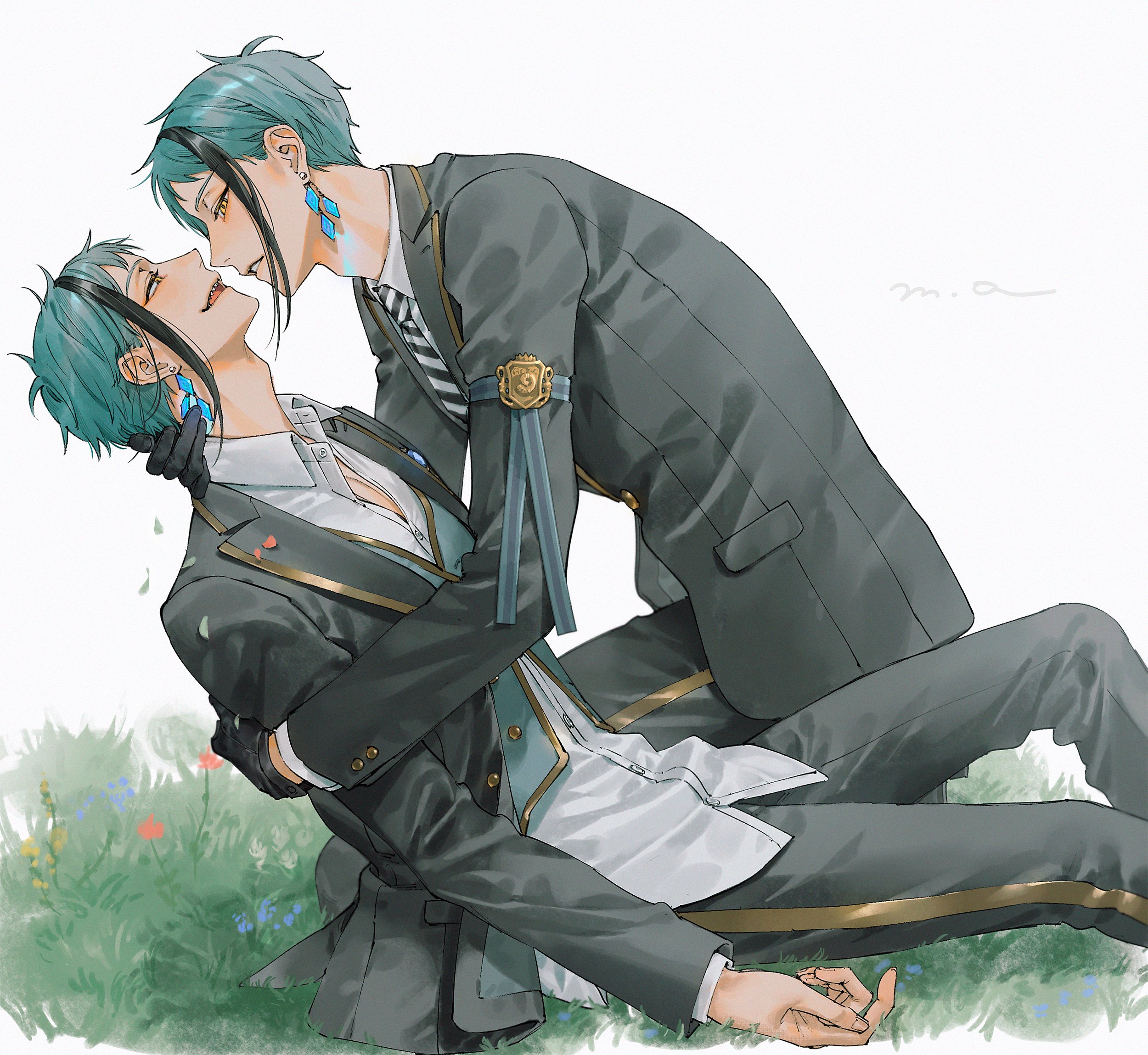 himo (himodayoo), floyd leech, jade leech, twisted wonderland, highres, 2boys, blue hair, brothers, earrings, hand on another's neck, jewelry, multiple boys, night raven college school uniform, octavinelle dorm uniform, on grass, school uniform, siblings, twins, yellow eyes