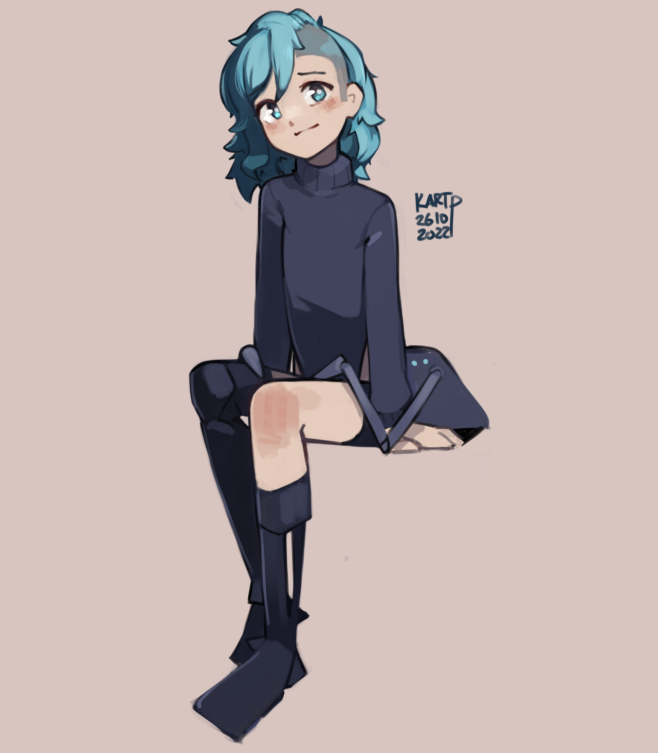 kart prowler, original, commentary, english commentary, highres, 1girl, aqua eyes, aqua hair, artist name, asymmetrical hair, black shirt, blush, closed mouth, cyborg, dated, full body, long sleeves, mechanical legs, medium hair, nyx (kart prowler), shirt, sidecut, simple background, sitting, smile, solo, turtleneck, undercut