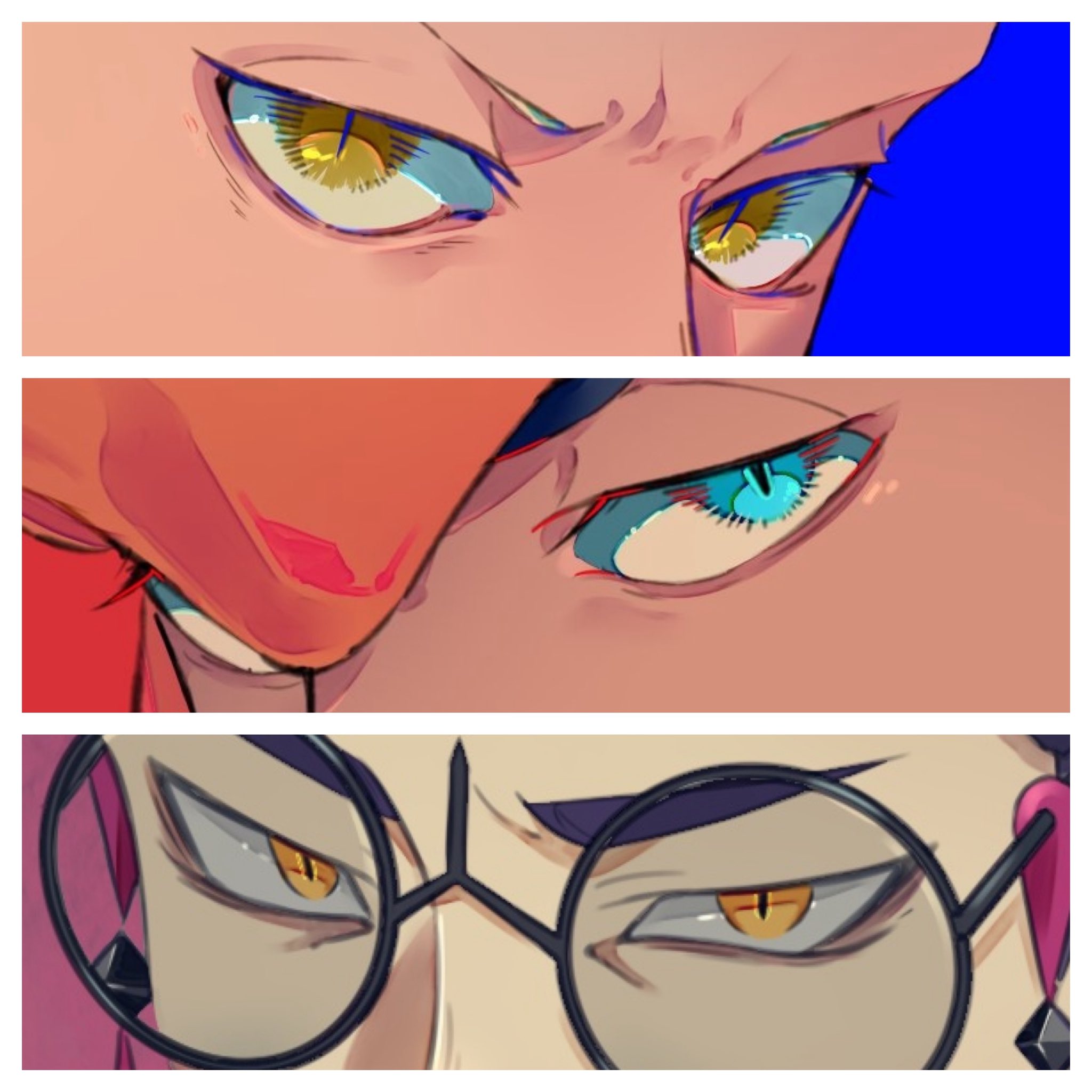 omaega osi, corbeau (pokemon), drayton (pokemon), raihan (pokemon), nintendo, pokemon, pokemon legends: z-a, pokemon sv, pokemon swsh, commentary request, highres, 3boys, aqua eyes, black-framed eyewear, border, dark-skinned male, dark skin, eye focus, glasses, headband, male focus, multiple boys, orange headband, round eyewear, sanpaku, slit pupils, tassel, white border, yellow eyes