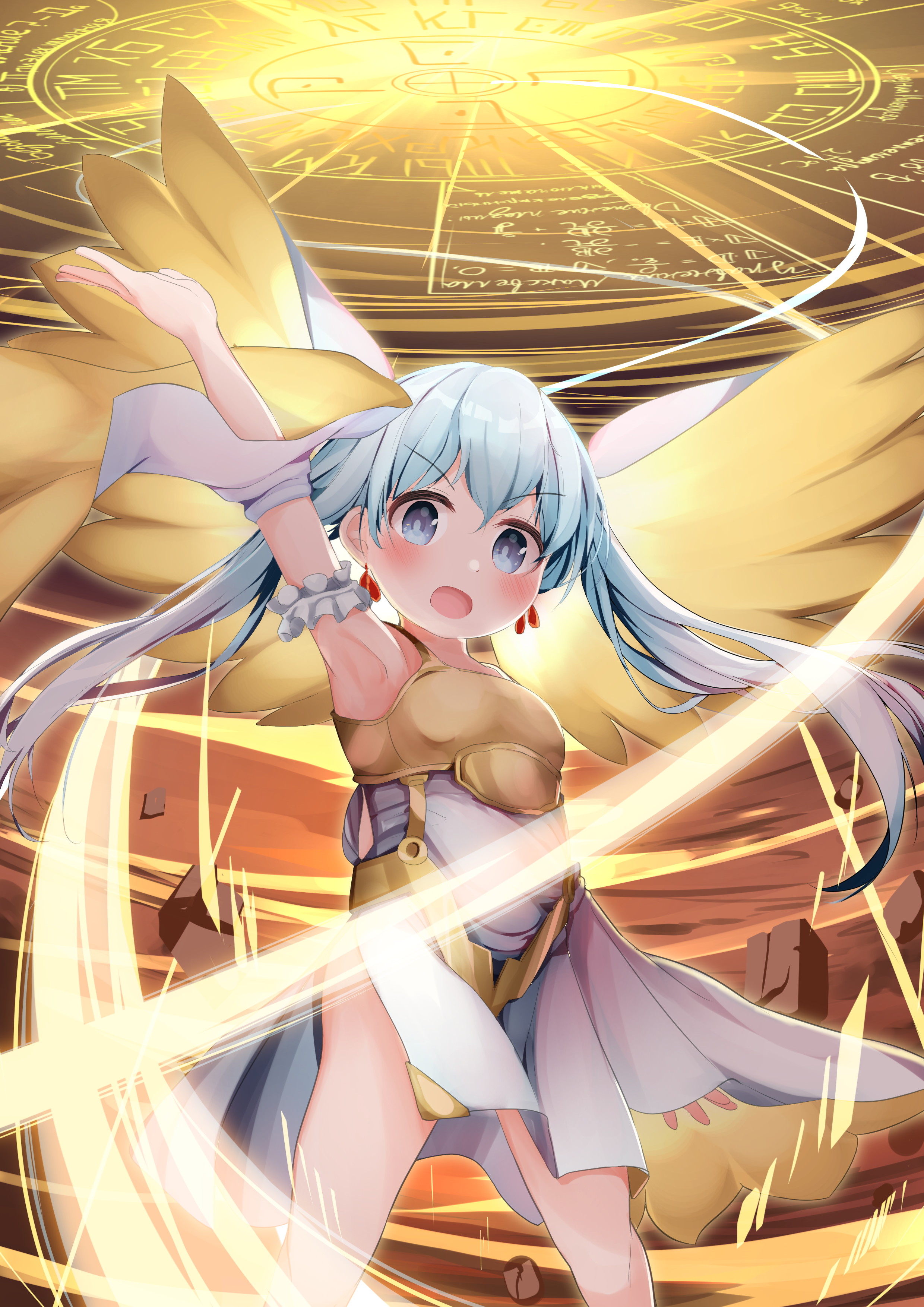 zetsuen, tama (wixoss), wixoss, absurdres, highres, 1girl, arm up, blue eyes, blue hair, blush, dress, earrings, jewelry, long hair, looking at viewer, open mouth, solo, twintails, very long hair, white dress