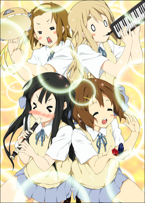 mizuki makoto, akiyama mio, hirasawa yui, kotobuki tsumugi, tainaka ritsu, k-on!, > <, 00s, 0 0, 4girls, = =, black hair, blonde hair, blunt bangs, brown hair, castanets, closed eyes, flute, hair ornament, hairband, hairclip, hime cut, ho-kago tea time, holding, holding flute, holding instrument, instrument, keyboard (instrument), melodica, multiple girls, recorder, school uniform, tambourine