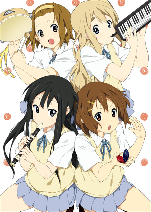 mizuki makoto, akiyama mio, hirasawa yui, kotobuki tsumugi, tainaka ritsu, k-on!, 00s, 4girls, black hair, blonde hair, blunt bangs, brown hair, castanets, flute, hair ornament, hairband, hairclip, hime cut, ho-kago tea time, holding, holding flute, holding instrument, instrument, keyboard (instrument), melodica, multiple girls, recorder, school uniform, tambourine