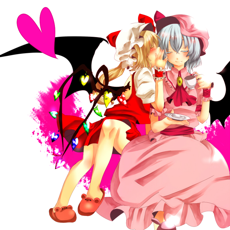 yutazou, flandre scarlet, remilia scarlet, touhou, silver hair, bad id, bad pixiv id, 2girls, alternate wings, blonde hair, blue hair, closed eyes, colored eyelashes, cup, eyelashes, female focus, full body, hat, heart, heart wings, multiple girls, no socks, short hair, siblings, sisters, sitting, slippers, teacup, whispering, wings, wrist cuffs