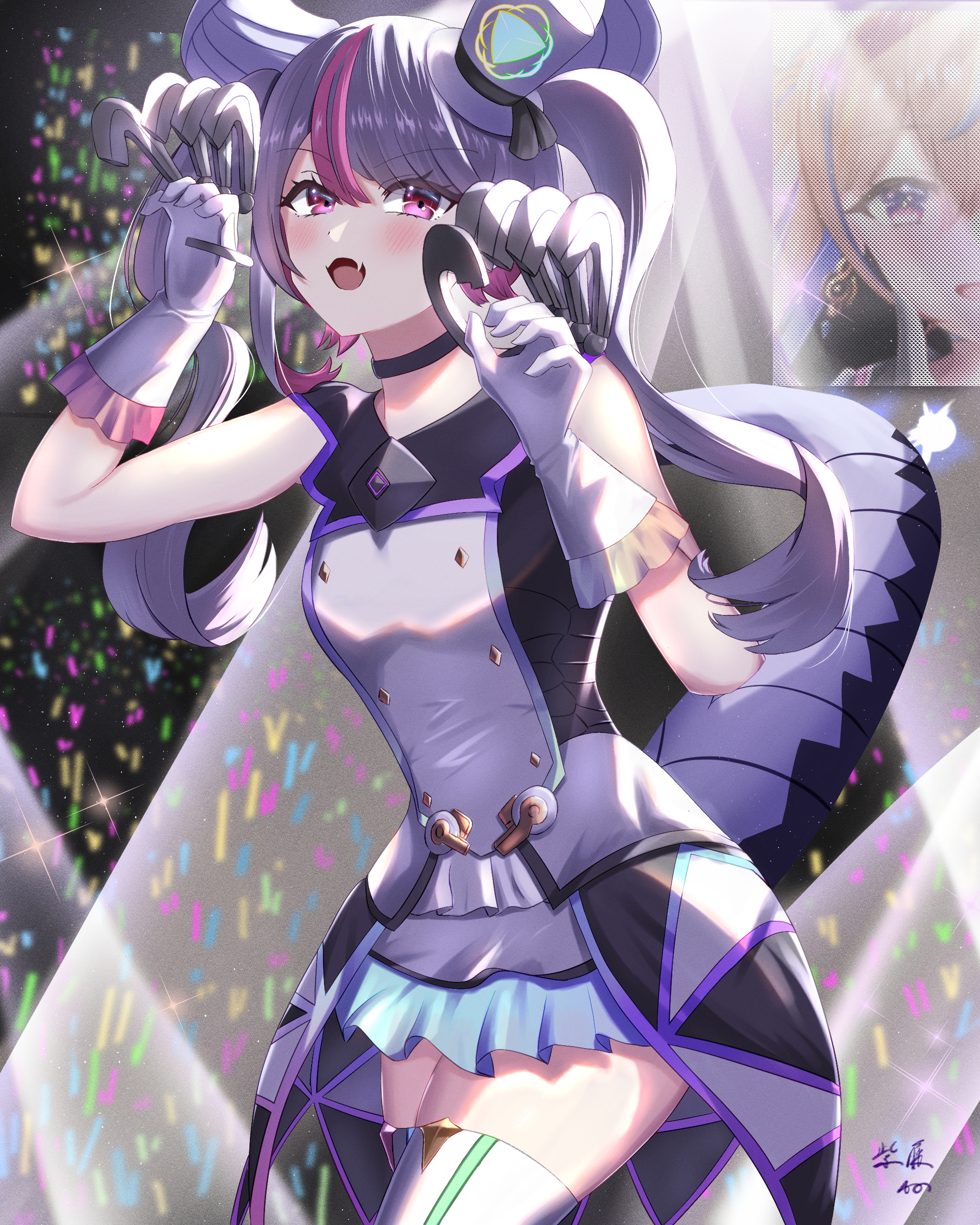 sitokano k, duel masters, absurdres, highres, 1girl, black choker, choker, claw (weapon), claw pose, concert, dress, fang, gloves, glowstick, gradient clothes, grey hair, hat, horns, idol clothes, kouchi no chouten radio roses, long hair, mini hat, multicolored hair, open mouth, pink eyes, pink hair, screen zoom, signature, sleeveless, sleeveless dress, solo, sparkle, spotlight, tail, thighhighs, twintails, weapon, white gloves, white thighhighs