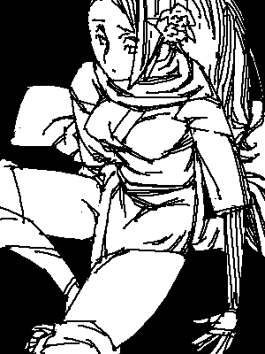 outtake, lowres, tagme, 1girl, black background, female focus, monochrome, sitting, solo