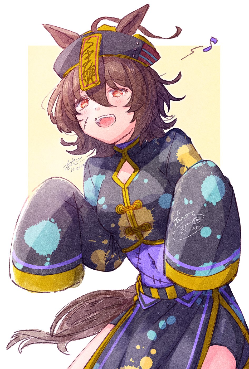 ittokyu, agnes tachyon (umamusume), umamusume, commentary request, highres, 1girl, :d, animal ears, bike shorts, black dress, brown hair, china dress, chinese clothes, covered navel, cowboy shot, dress, eighth note, hair between eyes, hat, horse ears, horse girl, horse tail, jiangshi costume, long sleeves, looking at viewer, musical note, ofuda, ofuda on clothes, open mouth, qingdai guanmao, red eyes, short hair, signature, sleeves past fingers, sleeves past wrists, smile, solo, stitched face, stitches, tail, teeth, upper teeth only