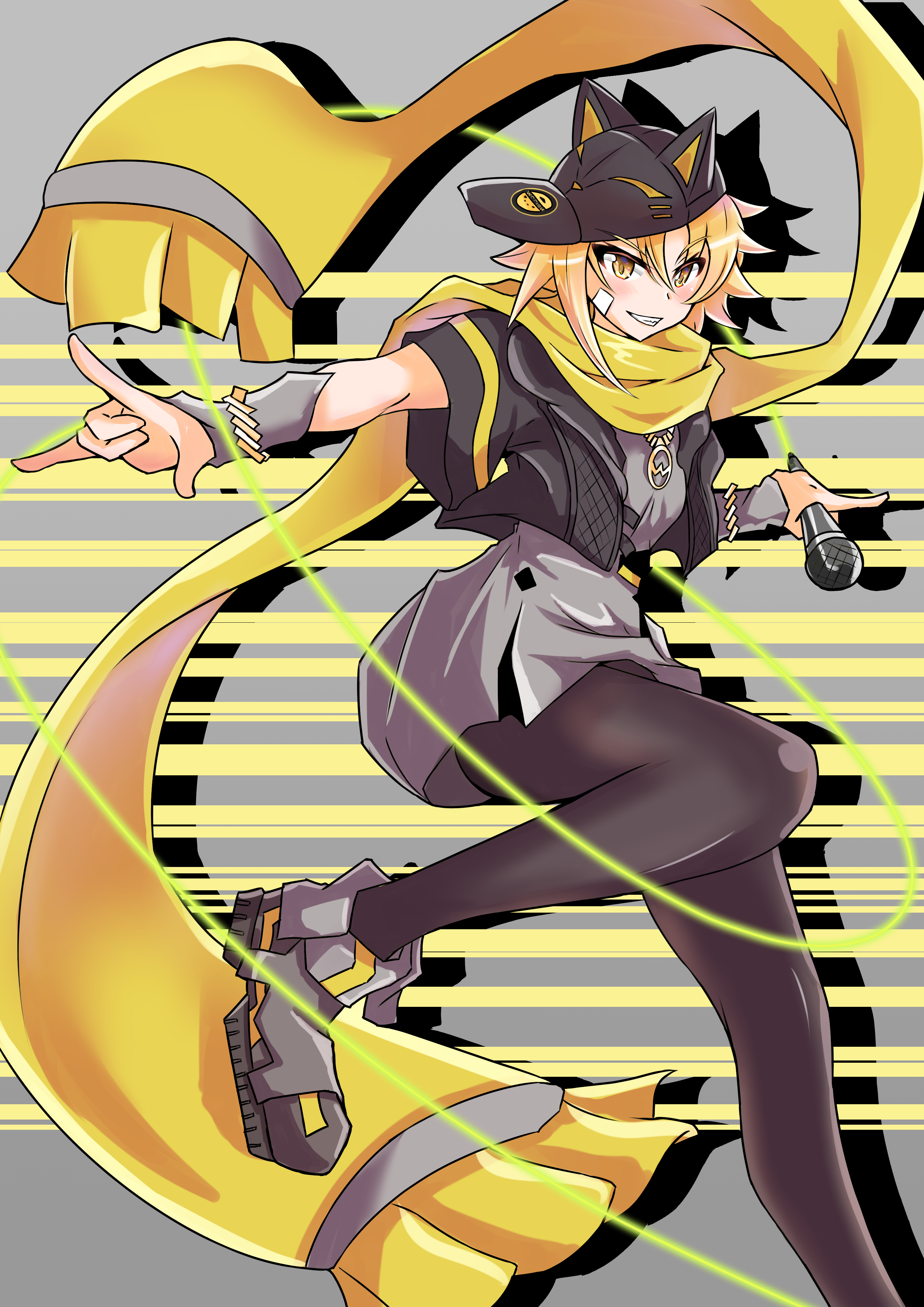 bakuma, wixoss, wixoss diva(a)live, absurdres, highres, 1girl, animal hat, black hat, black jacket, black pantyhose, blonde hair, cat hat, cropped jacket, dress, grey dress, grey shoes, hat, holding, holding microphone, jacket, looking at viewer, microphone, nekozama nana, pantyhose, scarf, shoes, smile, solo, yellow eyes, yellow scarf