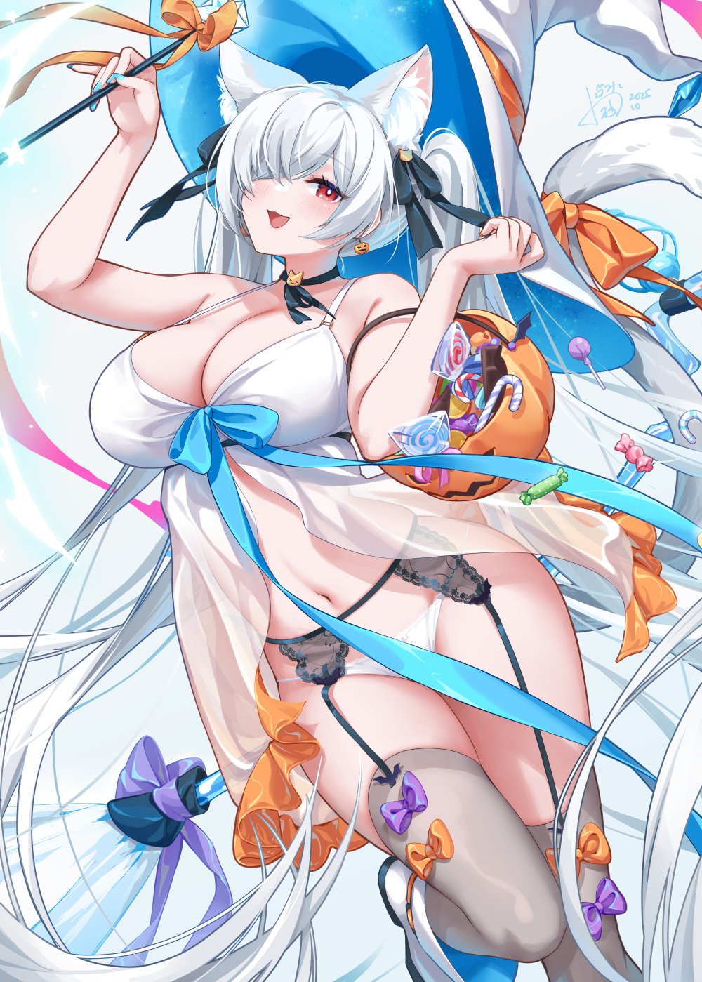 aeon ion, cinderella (nikke), goddess of victory: nikke, highres, 1girl, animal ears, black garter belt, blush, breasts, broom, candy, cat ears, cat girl, cat tail, cleavage, food, garter belt, hair over one eye, halloween, halloween bucket, happy halloween, hat, holding, holding pumpkin, jack-o'-lantern, large breasts, lingerie, long hair, looking at viewer, navel, negligee, one eye covered, panties, pumpkin, red eyes, see-through clothes, smile, solo, tail, thighhighs, trick or treat, twintails, underwear, very long hair, white background, white hair, white negligee, witch, witch hat