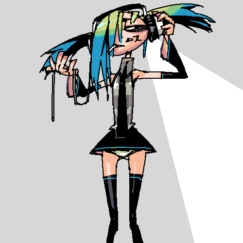 outtake, hatsune miku, vocaloid, lowres, cigarette, headphones, panties, underwear