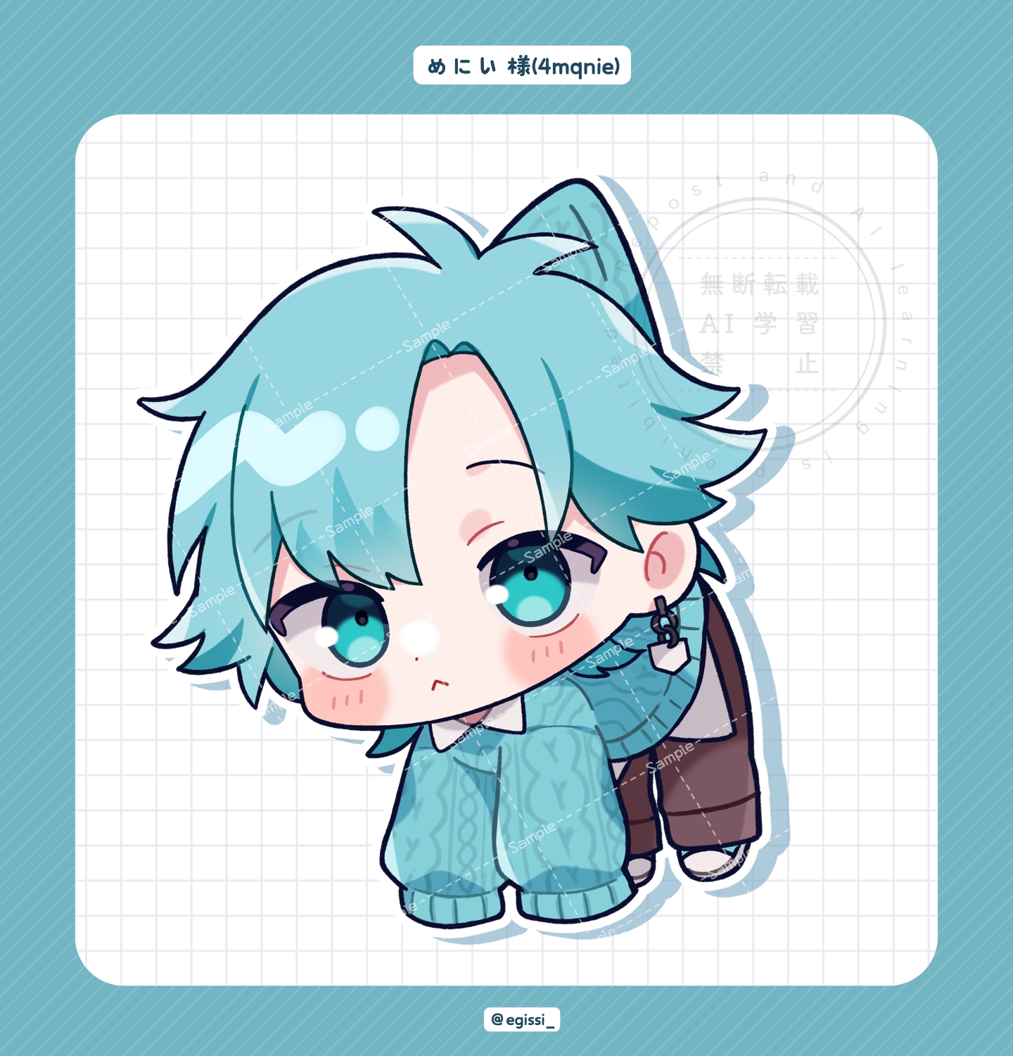 indie virtual youtuber, commentary request, highres, 1boy, :<, antenna hair, blue eyes, blue hair, blue shoes, blue sweater, blush stickers, border, brown pants, character name, chibi, chibi only, closed mouth, drop shadow, earrings, egissi, full body, green border, grid background, jewelry, long sleeves, looking at viewer, male focus, menii (vtuber), outline, pants, parted bangs, sample watermark, shoes, short hair, sleeves past fingers, sleeves past wrists, solo, sweater, twitter username, virtual youtuber, watermark, watermark grid, white background, white outline