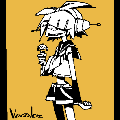 outtake, kagamine rin, noodle (gorillaz), gorillaz, vocaloid, lowres, 1girl, female focus, microphone, parody, simple background, solo, style parody