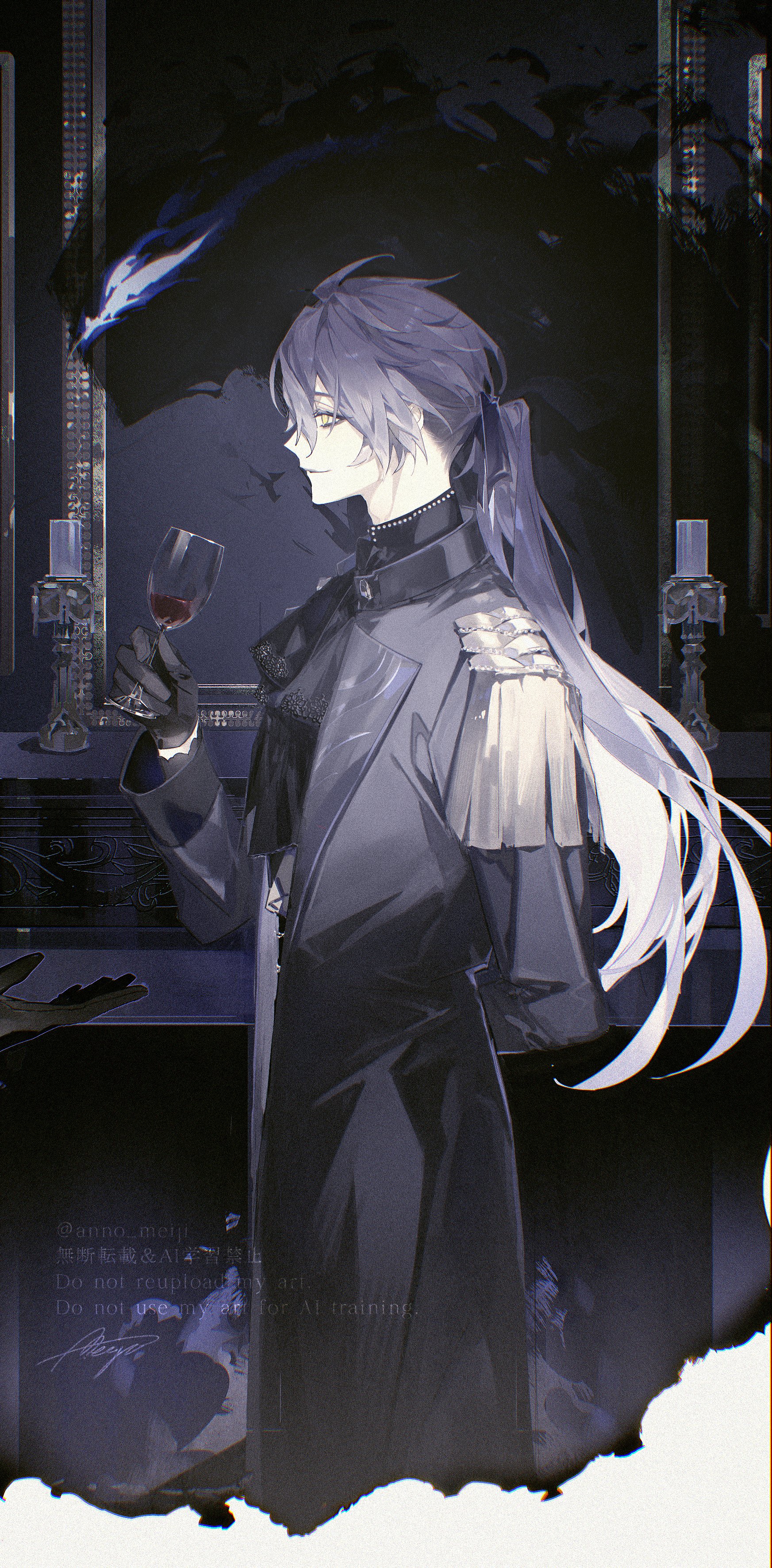 anno meiji, flins (genshin impact), genshin impact, absurdres, commentary request, highres, 1boy, alcohol, alternate costume, alternate hairstyle, antenna hair, arm behind back, arm up, ascot, black ascot, black coat, black gloves, black shirt, blue hair, candle, candlestand, closed mouth, coat, collared shirt, cup, drinking glass, epaulettes, gloves, gradient hair, grey hair, holding, holding cup, lapels, long sleeves, male focus, multicolored hair, parted bangs, picture frame, profile, shirt, sleeve cuffs, smile, solo, standing, watermark, wine, wine glass, yellow eyes