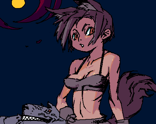 outtake, lowres, 1girl, bra, breasts, female focus, gloves, lingerie, moon, outdoors, sky, solo, tail, underwear, wolf
