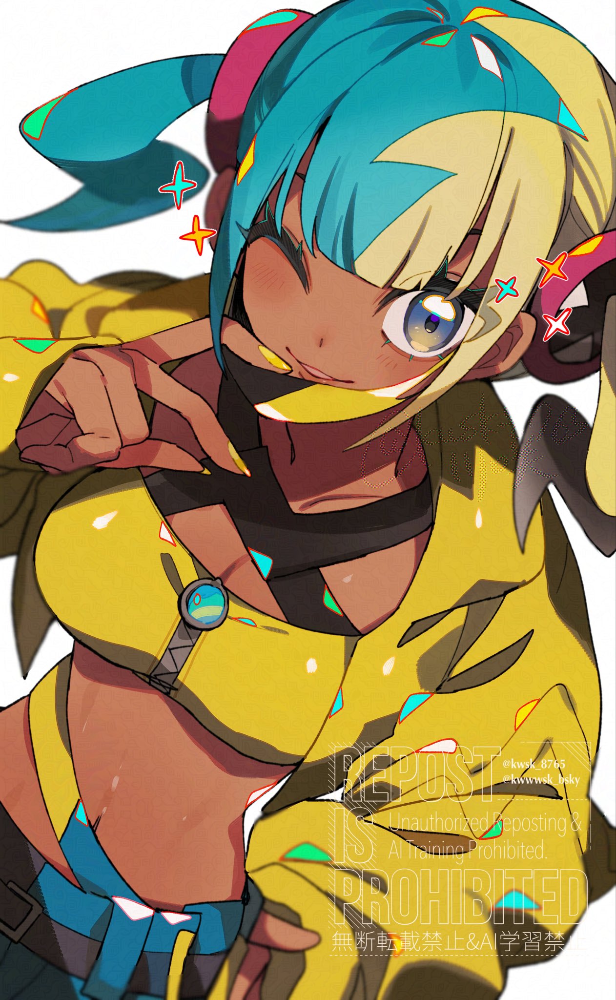 kawasaki (kwsk 8765), canari (pokemon), nintendo, pokemon, pokemon legends: z-a, commentary, highres, 1girl, blonde hair, blue eyes, blue hair, blunt bangs, blush, breasts, cleavage, collarbone, crop top, cropped shirt, dark-skinned female, dark skin, jacket, large breasts, long sleeves, looking at viewer, midriff, multicolored hair, navel, one eye closed, open clothes, open jacket, parted lips, shirt, sidelocks, simple background, smile, solo, sparkle, split-color hair, twintails, two-tone hair, upper body, white background, yellow jacket, yellow shirt