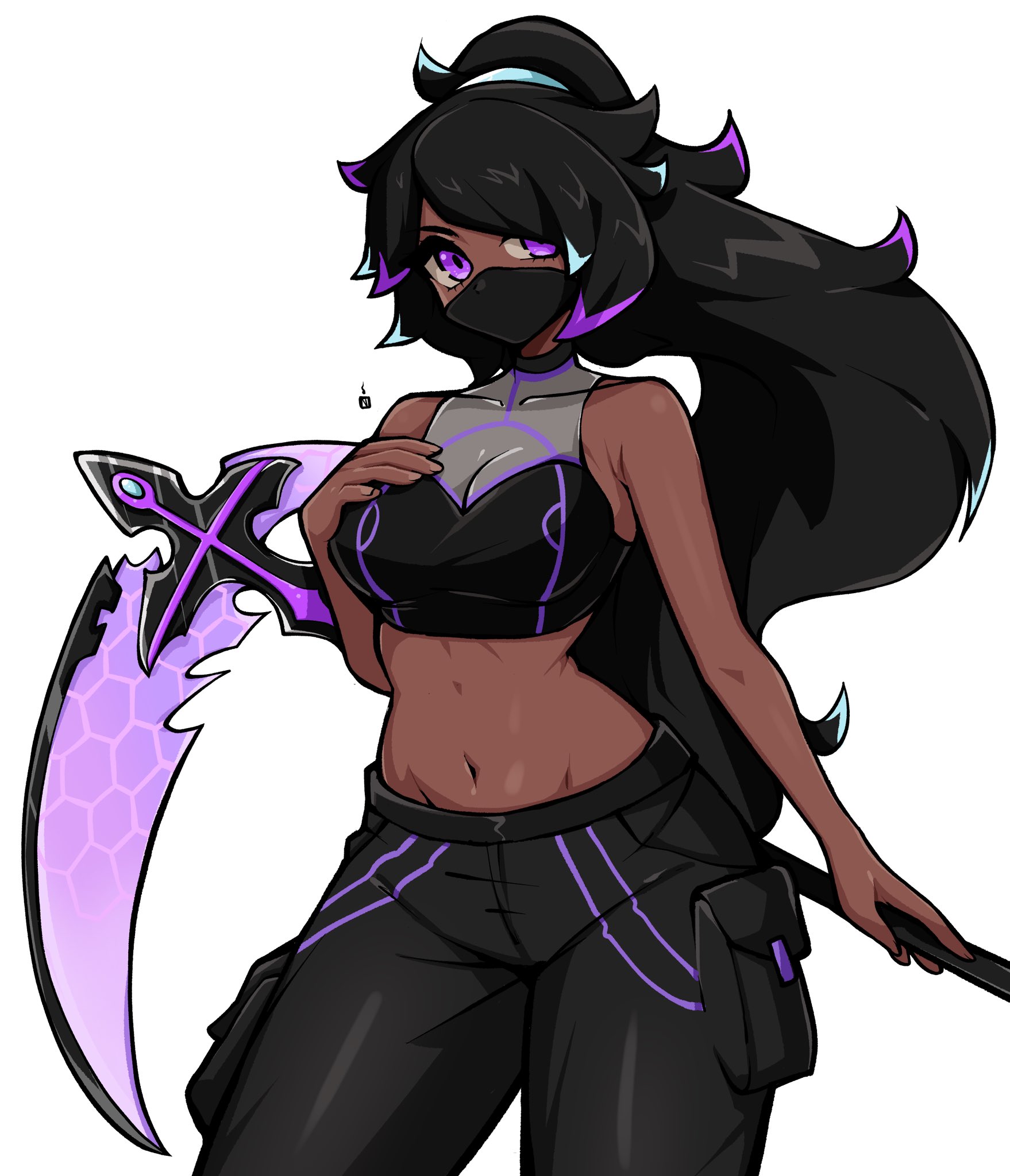 oninuer, original, commentary, commission, english commentary, highres, 1girl, armpit crease, bare arms, black hair, black mask, black pants, breasts, covered collarbone, cowboy shot, crop top, dark-skinned female, dark skin, hand on own chest, holding, holding scythe, long hair, looking at viewer, mask, medium breasts, mouth mask, pants, parted bangs, purple eyes, scythe, simple background, solo, stomach, white background