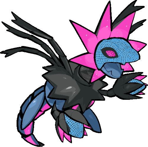 kawaanago, iron jugulis, nintendo, pokemon, commentary request, lowres, black sclera, colored sclera, fangs, full body, non-humanoid robot, open mouth, pink eyes, pixel eyes, pokemon (creature), pokemon focus, robot, robot dragon, skin fangs, solo, transparent background, wings