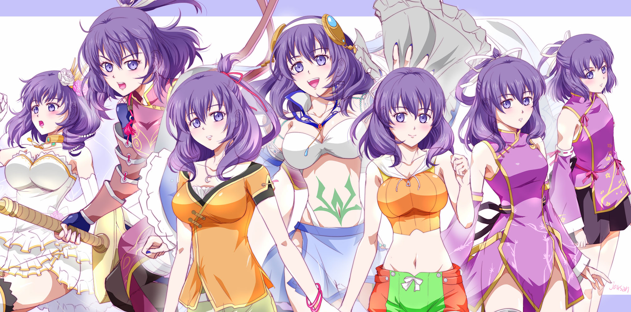 xiacheng tatsuya, rixia mao, ao no kiseki, eiyuu densetsu, hajimari no kiseki, zero no kiseki, highres, 6+girls, adapted costume, aged down, arm guards, armor, artist name, bare arms, bare shoulders, blue border, blush, bob cut, boots, border, bracelet, breasts, bridal veil, bride, china dress, chinese clothes, closed mouth, clothes lift, collarbone, crop top, crown, detached sleeves, double-parted bangs, dress, dress lift, elbow gloves, floating hair, flower, full body, gloves, green shorts, grey shoes, hair between eyes, hair flower, hair ornament, hair ribbon, hair rings, hairband, half updo, high heels, holding, holding sword, holding weapon, huge weapon, jewelry, large breasts, light smile, long hair, looking at viewer, medium breasts, medium hair, midriff, mini crown, multiple girls, nail polish, navel, necklace, open mouth, orange shirt, over-kneehighs, parted lips, pauldrons, purple dress, purple eyes, purple hair, purple sleeves, red shorts, ribbon, shirt, shoes, short dress, short hair, short shorts, short sleeves, shorts, shoulder armor, simple background, single hair ring, single pauldron, skirt, sleeveless, sleeveless dress, sleeveless shirt, smile, solo, stomach, strapless, strapless dress, sword, tattoo, thighhighs, upper body, veil, weapon, wedding dress, white background, white dress, white gloves, white ribbon