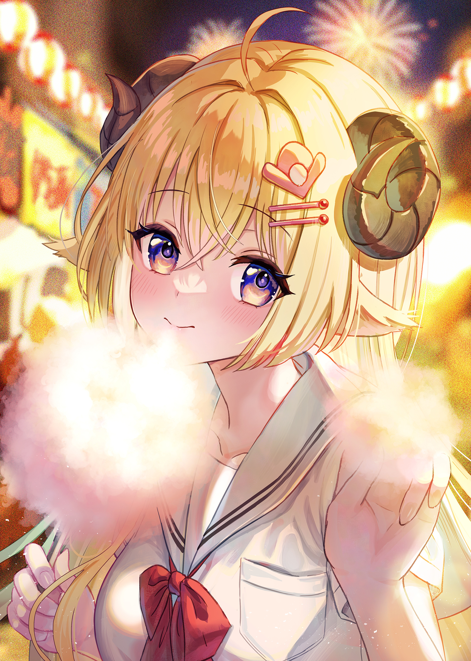 madopen, tsunomaki watame, tsunomaki watame (holonatsu paradise), hololive, highres, 1girl, ahoge, animal ears, blonde hair, closed mouth, cotton candy, food, hair ornament, hairpin, holding, holding cotton candy, holding food, horns, long hair, looking at viewer, purple eyes, sailor collar, sheep ears, sheep girl, sheep horns, shirt, smile, solo, virtual youtuber, white sailor collar, white shirt