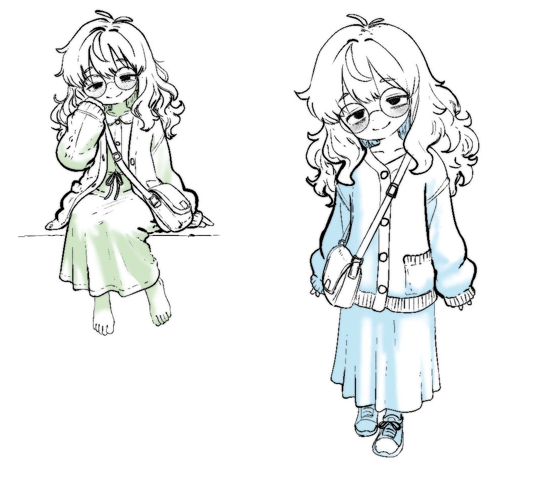 911servis, original, 1girl, antenna hair, bag, barefoot, blunt bangs, blush, buttons, cardigan, closed mouth, collared dress, dot nose, double-parted bangs, dress, glasses, hand on own cheek, hand on own face, head tilt, lineart, long hair, long sleeves, looking at viewer, monochrome, multiple views, partially colored, puffy long sleeves, puffy sleeves, shoes, shoulder bag, sitting, smile, solo, standing, thick eyebrows, wavy hair