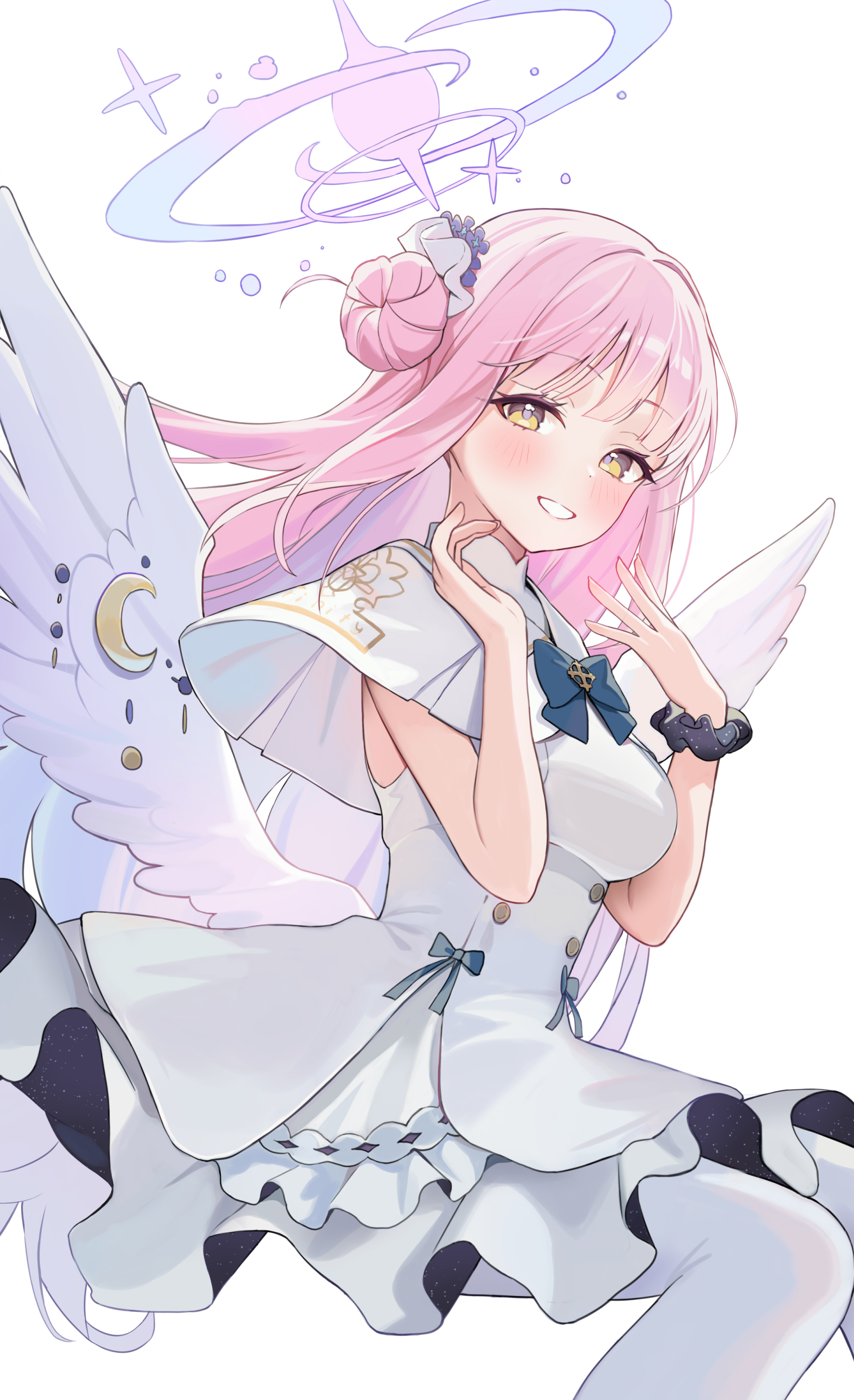 loloco, mika (blue archive), blue archive, absurdres, highres, 1girl, angel wings, blue bow, blush, bow, breasts, buttons, capelet, crescent, double-breasted, dress, feathered wings, flower, frilled dress, frills, gold trim, hair bun, hair flower, hair ornament, halo, looking at viewer, low wings, medium breasts, pantyhose, pink halo, purple flower, scrunchie, simple background, single hair bun, single side bun, sleeveless, sleeveless dress, smile, solo, white background, white capelet, white dress, white pantyhose, white wings, wing ornament, wings, wrist scrunchie, yellow eyes