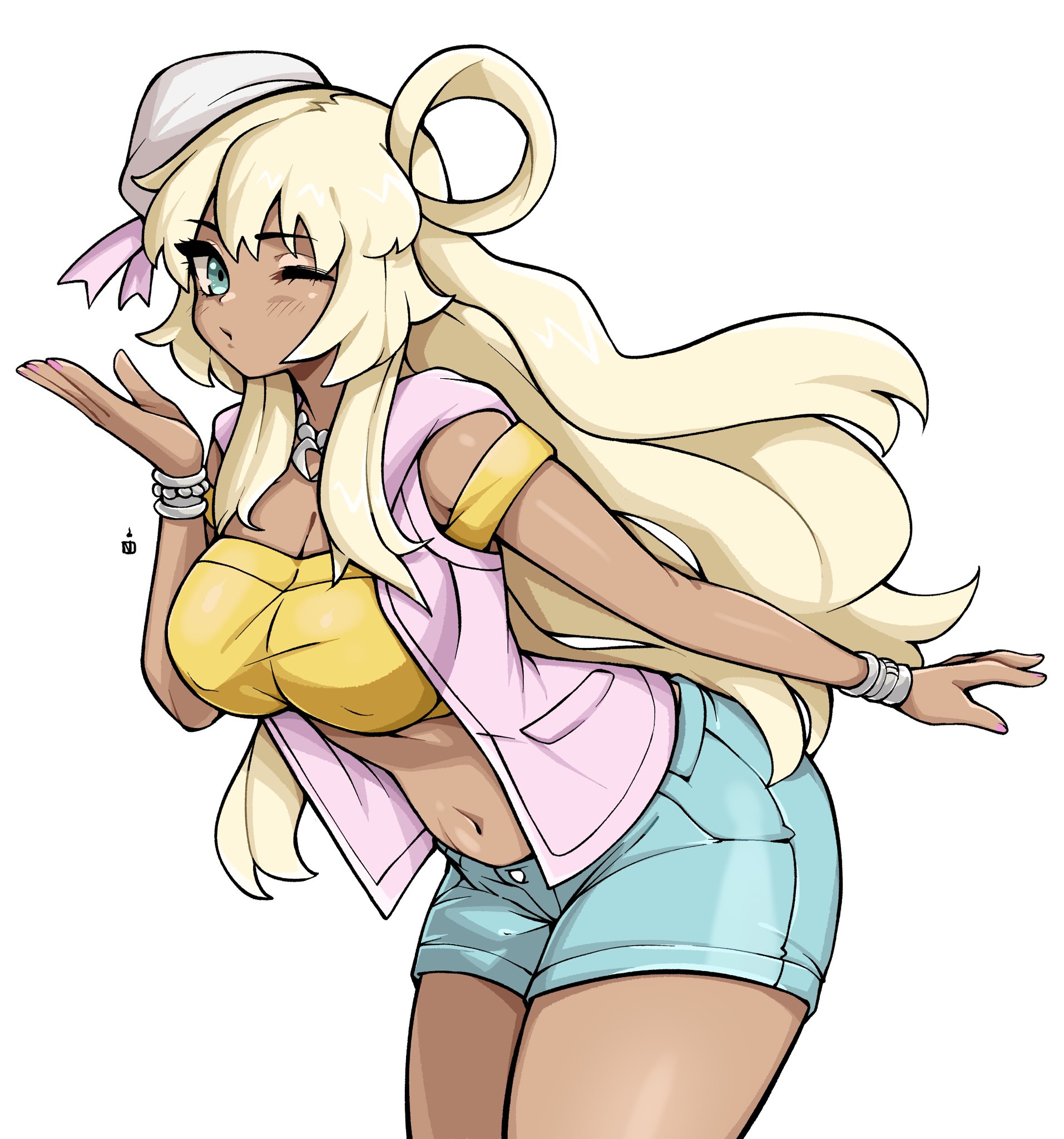 oninuer, original, commentary, commission, english commentary, highres, 1girl, blonde hair, blowing kiss, blue eyes, blue shorts, breasts, choppy bangs, cleavage, closed mouth, cowboy shot, crop top, dark-skinned female, dark skin, hand up, hat, jacket, large breasts, long hair, looking at viewer, midriff, navel, one eye closed, open clothes, open jacket, pink jacket, short shorts, shorts, simple background, sleeveless, sleeveless jacket, solo, tank top, white background, white hat, yellow tank top