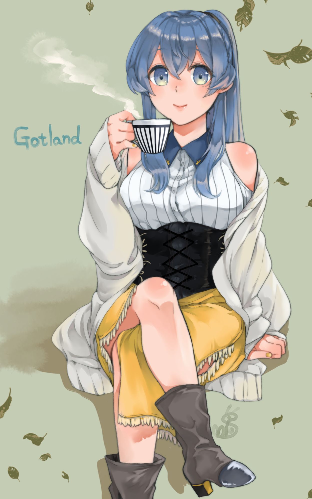 oeoeuhoho, gotland (kancolle), kantai collection, highres, 1girl, blue eyes, blue hair, boots, brown boots, character name, crossed legs, cup, feet out of frame, gotland (oktoberfest) (kancolle), long hair, ponytail, shirt, sidelocks, skirt, solo, teacup, white shirt, yellow skirt