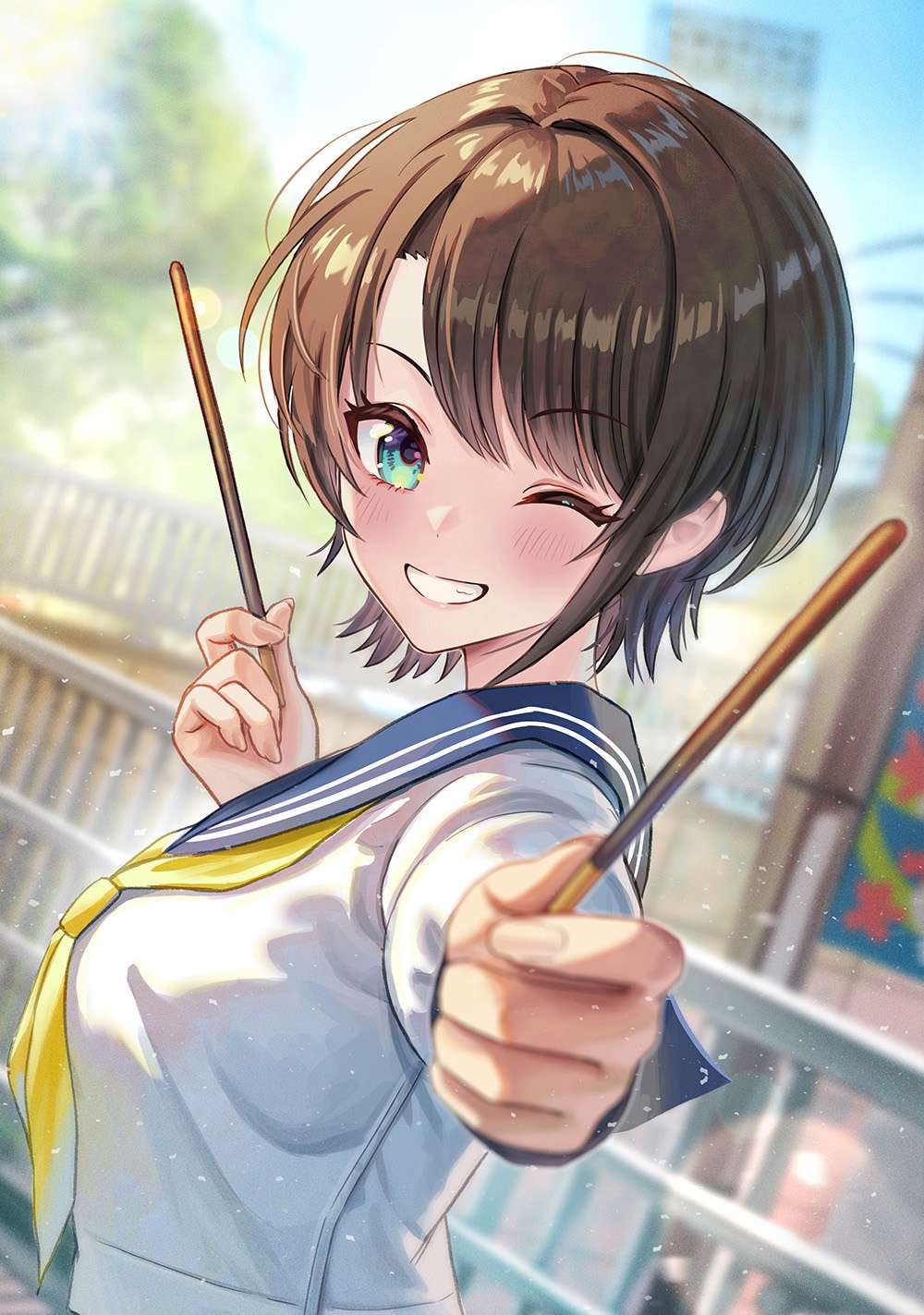 madopen, oozora subaru, hololive, highres, 1girl, alternate costume, blue eyes, blue sailor collar, brown hair, closed mouth, food, holding, holding food, holding pocky, looking at viewer, neckerchief, one eye closed, outdoors, pocky, sailor collar, school uniform, shirt, smile, solo, virtual youtuber, white shirt, yellow neckerchief