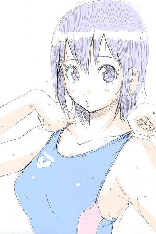 izumi haruka, frogman (manga), official art, 1girl, adjusting clothes, adjusting swimsuit, blue eyes, blue hair, competition swimsuit, female focus, matching hair/eyes, one-piece swimsuit, purple hair, short hair, sketch, solo, swimsuit
