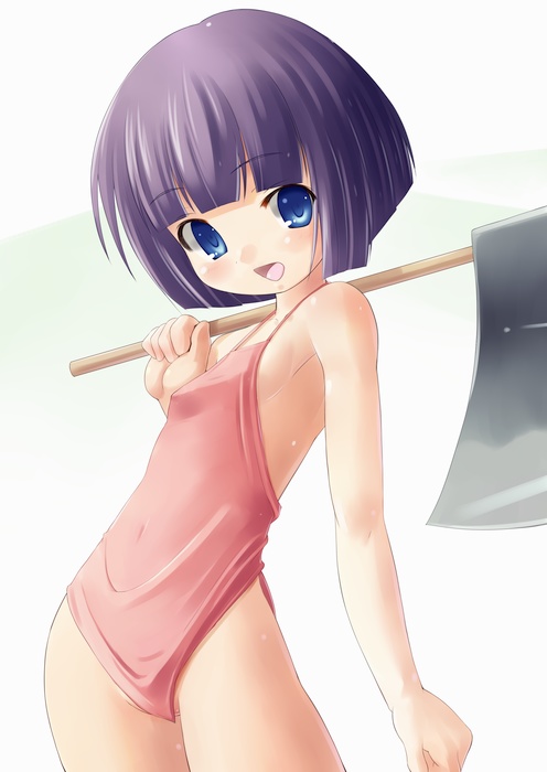 kourourin, 1girl, axe, blue eyes, casual one-piece swimsuit, female focus, flat chest, one-piece swimsuit, open mouth, purple hair, short hair, simple background, solo, swimsuit, weapon
