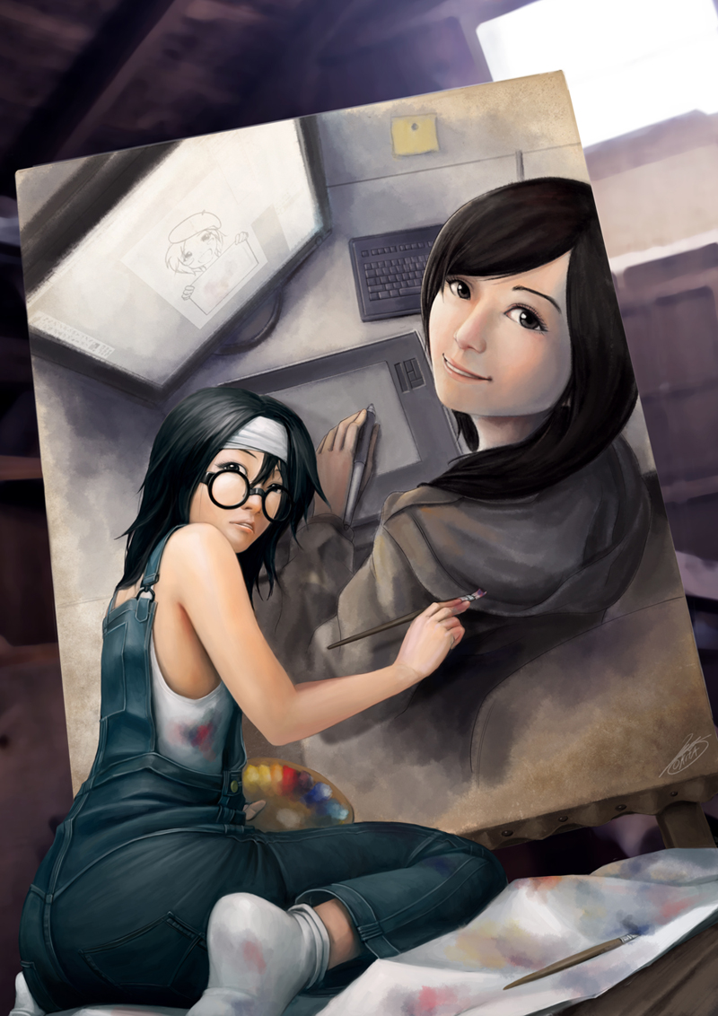 okita, original, wacom, drawing, 2girls, art brush, bare shoulders, black eyes, black hair, computer keyboard, drawing tablet, female focus, glasses, hood, hoodie, indoors, kneeling, long hair, monitor, multiple girls, paint palette, paintbrush, painting (action), realistic, signature, sitting, smile, socks, suspenders, tank top