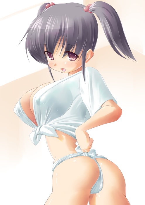 kourourin, 1girl, ass, black hair, breasts, cleavage, covered erect nipples, female focus, front-tie top, fundoshi, huge breasts, japanese clothes, mizu happi, purple eyes, shirt, short hair, solo, tied shirt, twintails, wedgie
