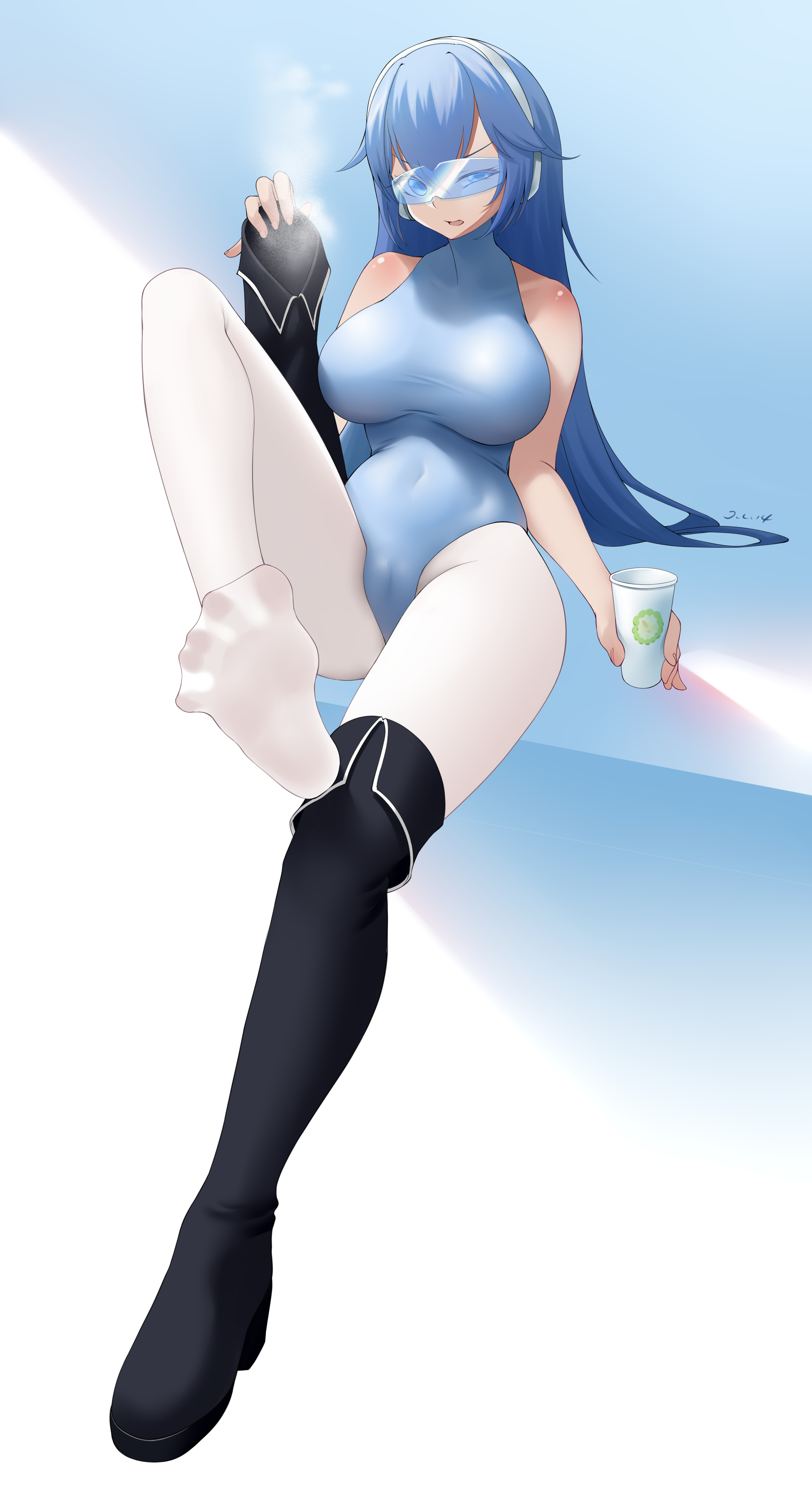 j.c.14, original, absurdres, highres, 1girl, blue eyes, blue hair, boots, cameltoe, feet, leotard, long hair, looking at viewer, open mouth, pantyhose, shoes, soles, thigh boots, toes, unworn boots, unworn shoes, white pantyhose