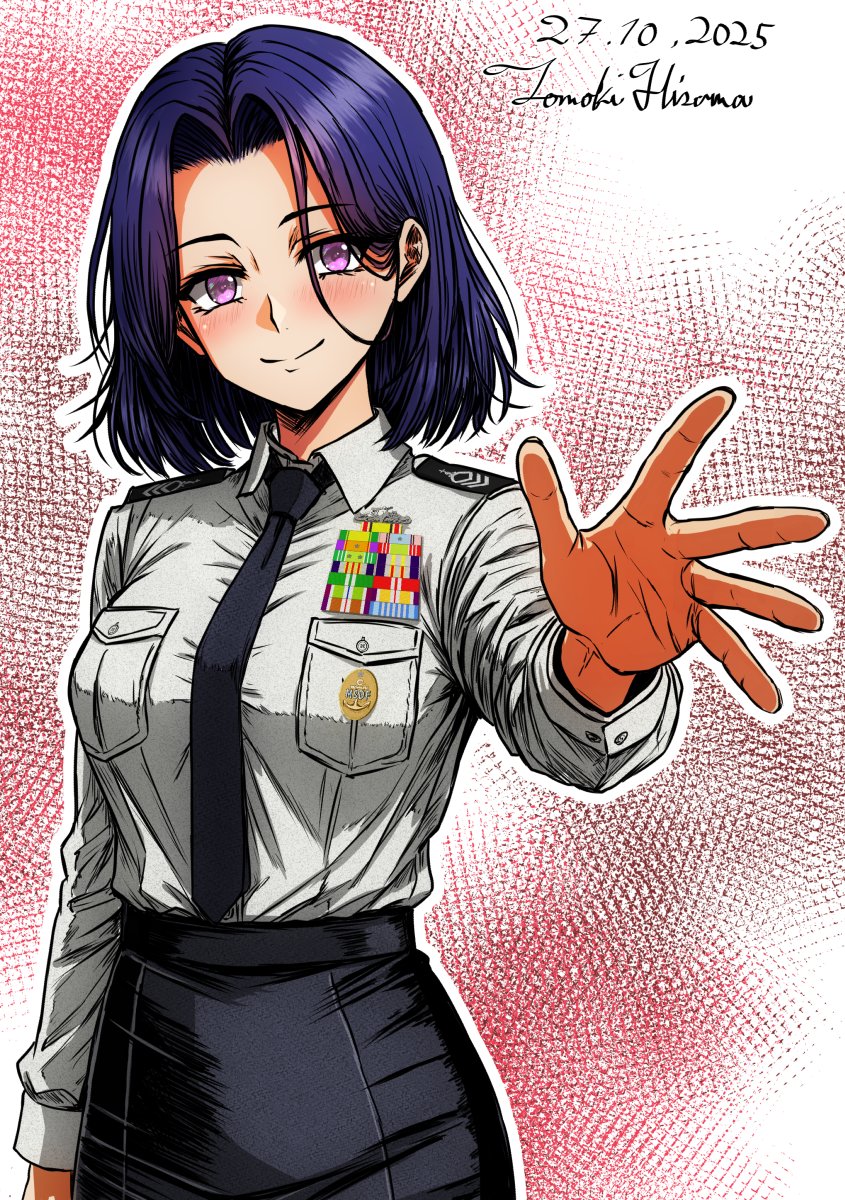 hisama tomoki, tatsuta (kancolle), japan maritime self-defense force, japan self-defense force, kantai collection, commentary request, highres, 1girl, alternate costume, artist name, black necktie, black skirt, blush, breasts, collared shirt, dated, long sleeves, looking at viewer, military, military dress uniform, military rank insignia, military uniform, naval dress uniform, naval uniform, necktie, one-hour drawing challenge, outstretched arm, purple eyes, purple hair, ribbon bar, shirt, short hair, shoulder boards, skirt, smile, solo, upper body, white shirt