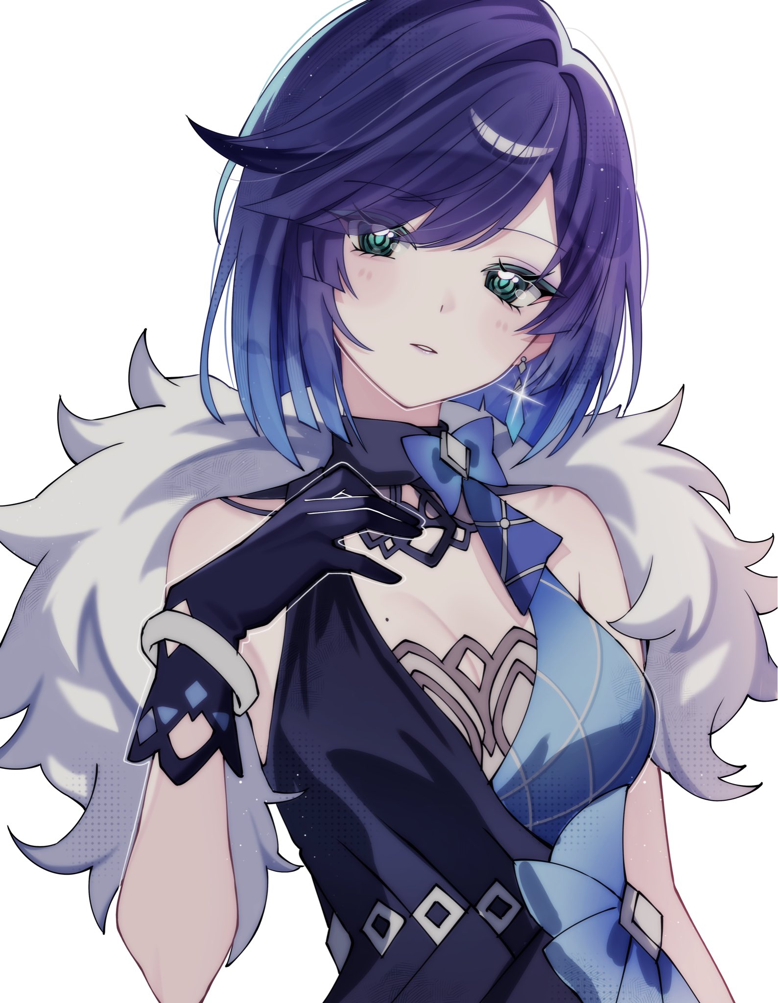 woolly (ll 0o0), yelan (genshin impact), yelan (tranquil banquet) (genshin impact), genshin impact, highres, 1girl, bare shoulders, blue bow, blue dress, blue gloves, blue hair, bow, breasts, dress, earrings, gloves, green eyes, head tilt, jewelry, looking at viewer, medium breasts, mole, mole on breast, official alternate costume, parted lips, short hair, simple background, sleeveless, sleeveless dress, solo, two-tone dress, upper body, white background